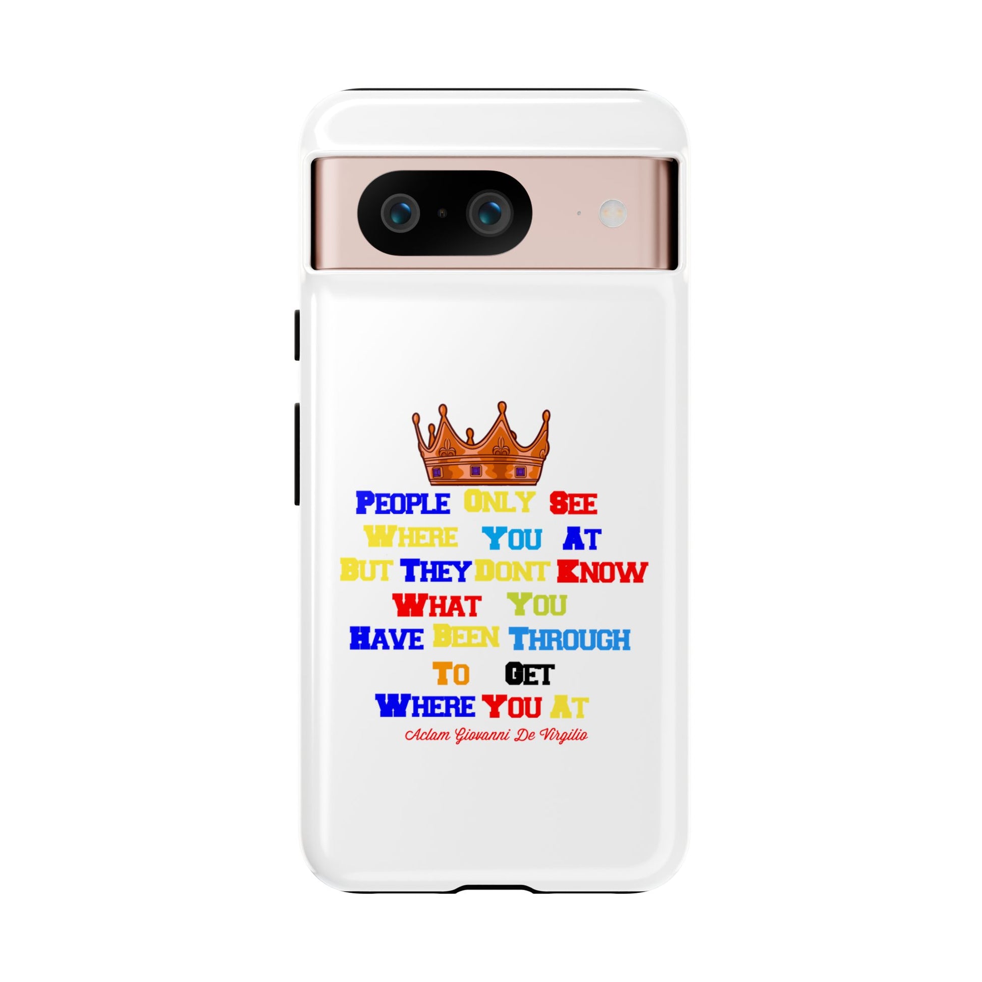 Durable white phone case featuring bold multicolor faith statements from The Original