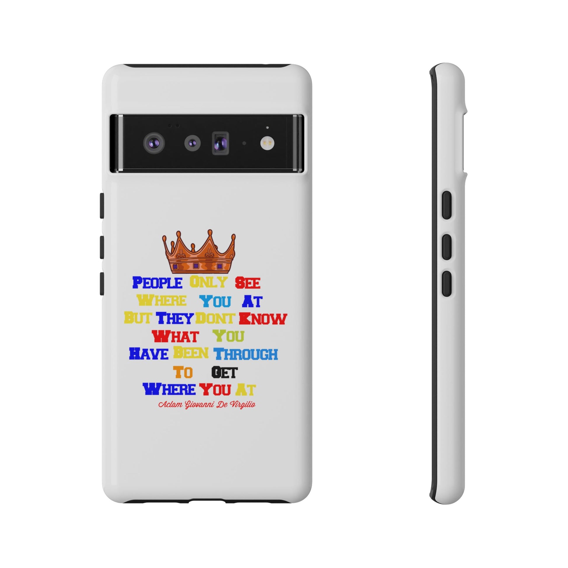 Durable white phone case featuring bold multicolor faith statements from The Original