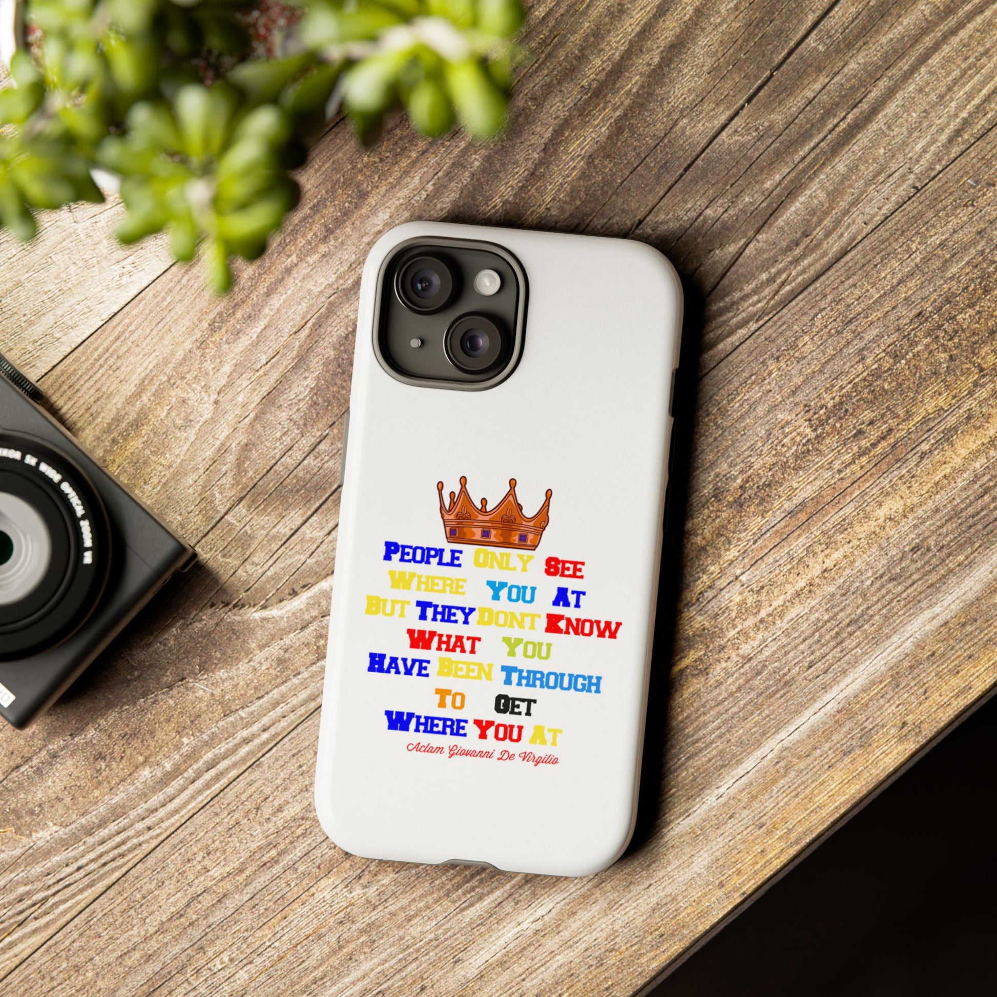 Durable white phone case featuring bold multicolor faith statements from The Original