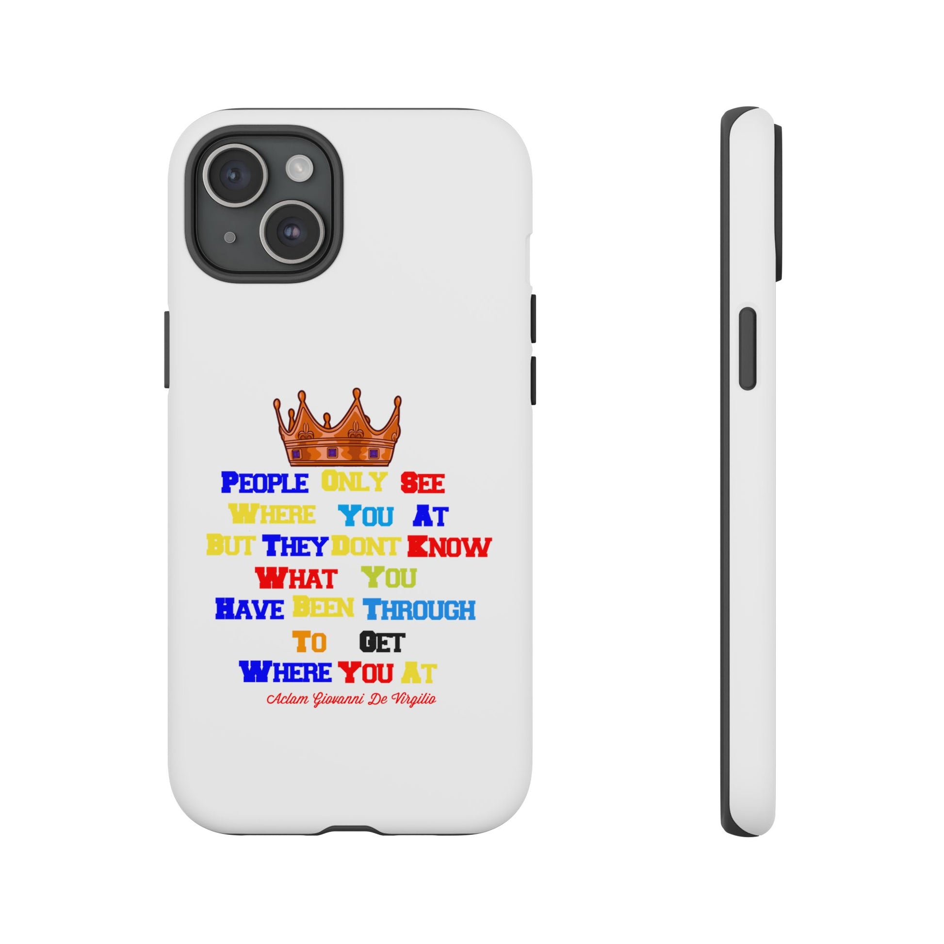 Durable white phone case featuring bold multicolor faith statements from The Original