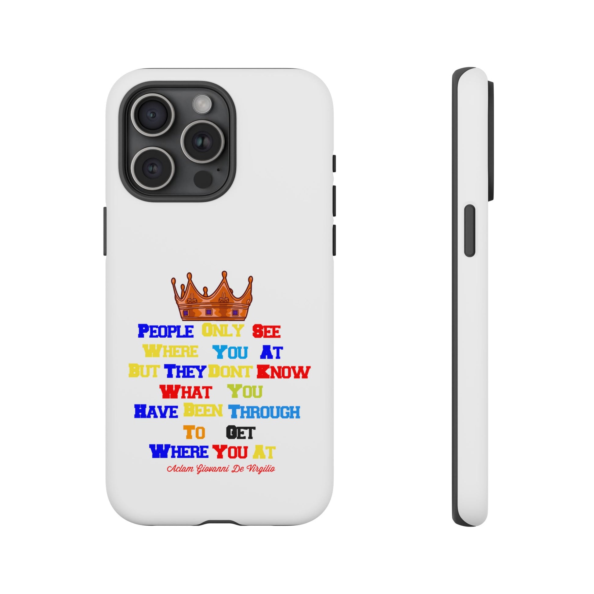 Durable white phone case featuring bold multicolor faith statements from The Original