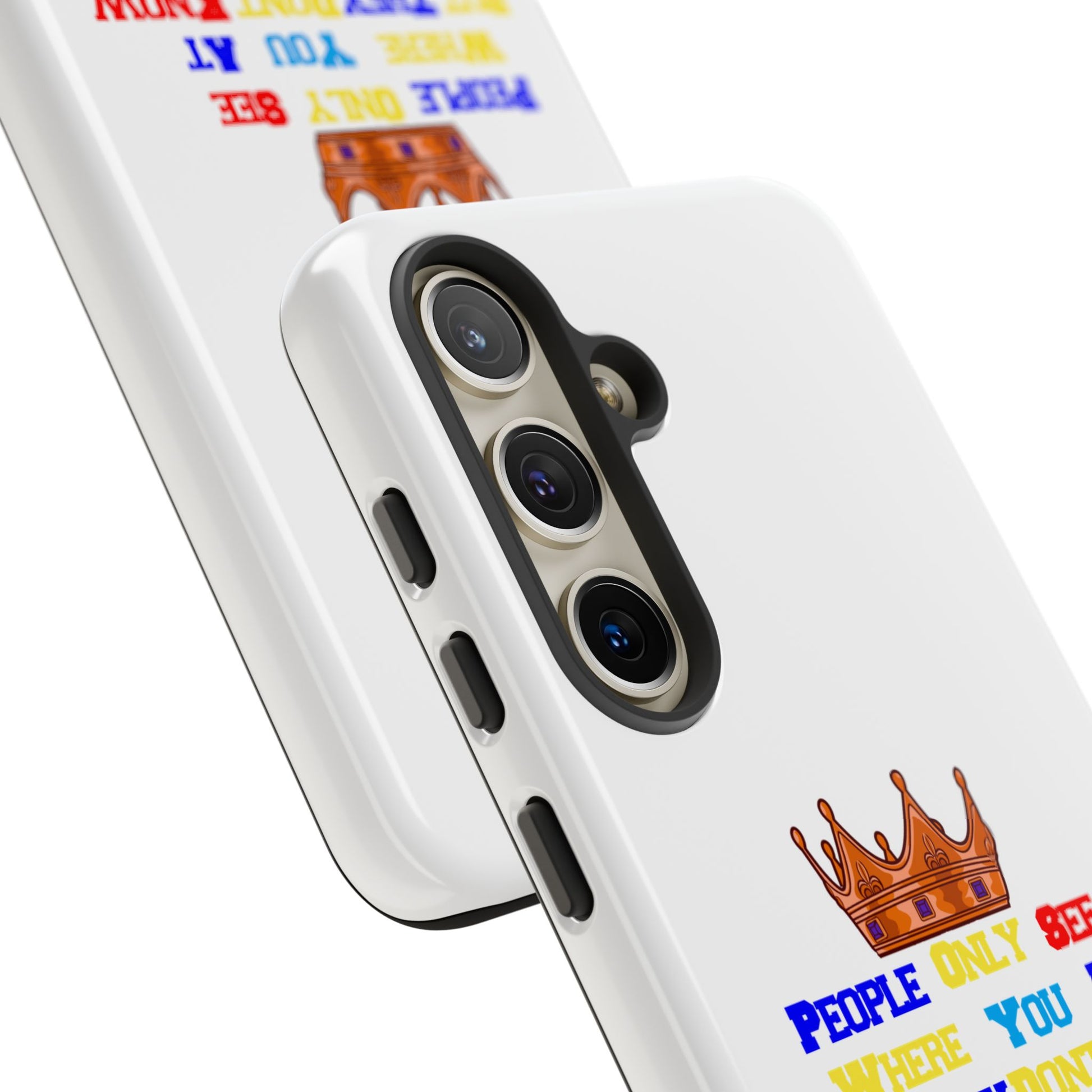 Durable white phone case featuring bold multicolor faith statements from The Original