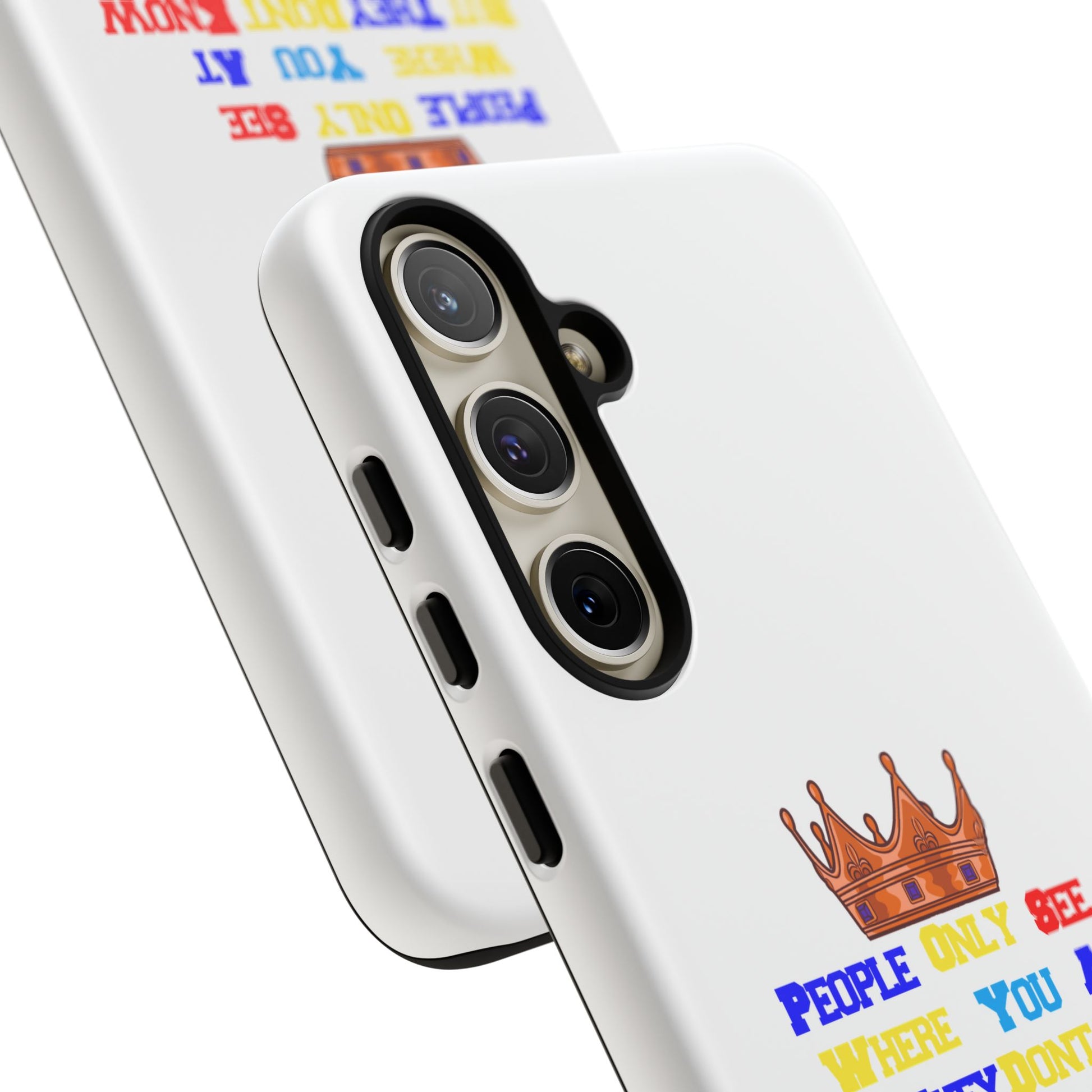 Durable white phone case featuring bold multicolor faith statements from The Original