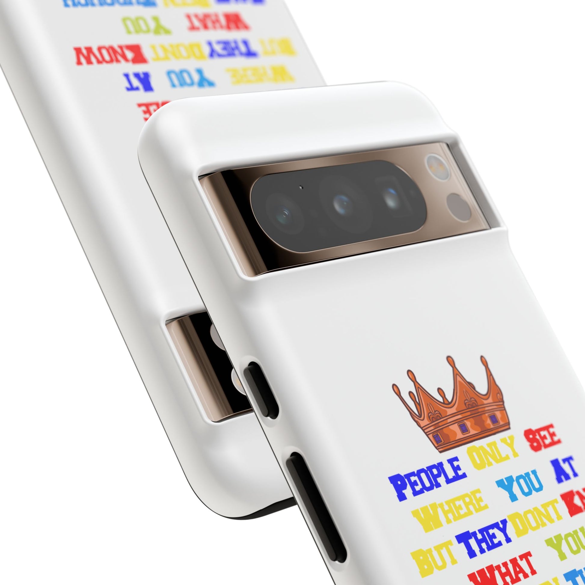 Durable white phone case featuring bold multicolor faith statements from The Original