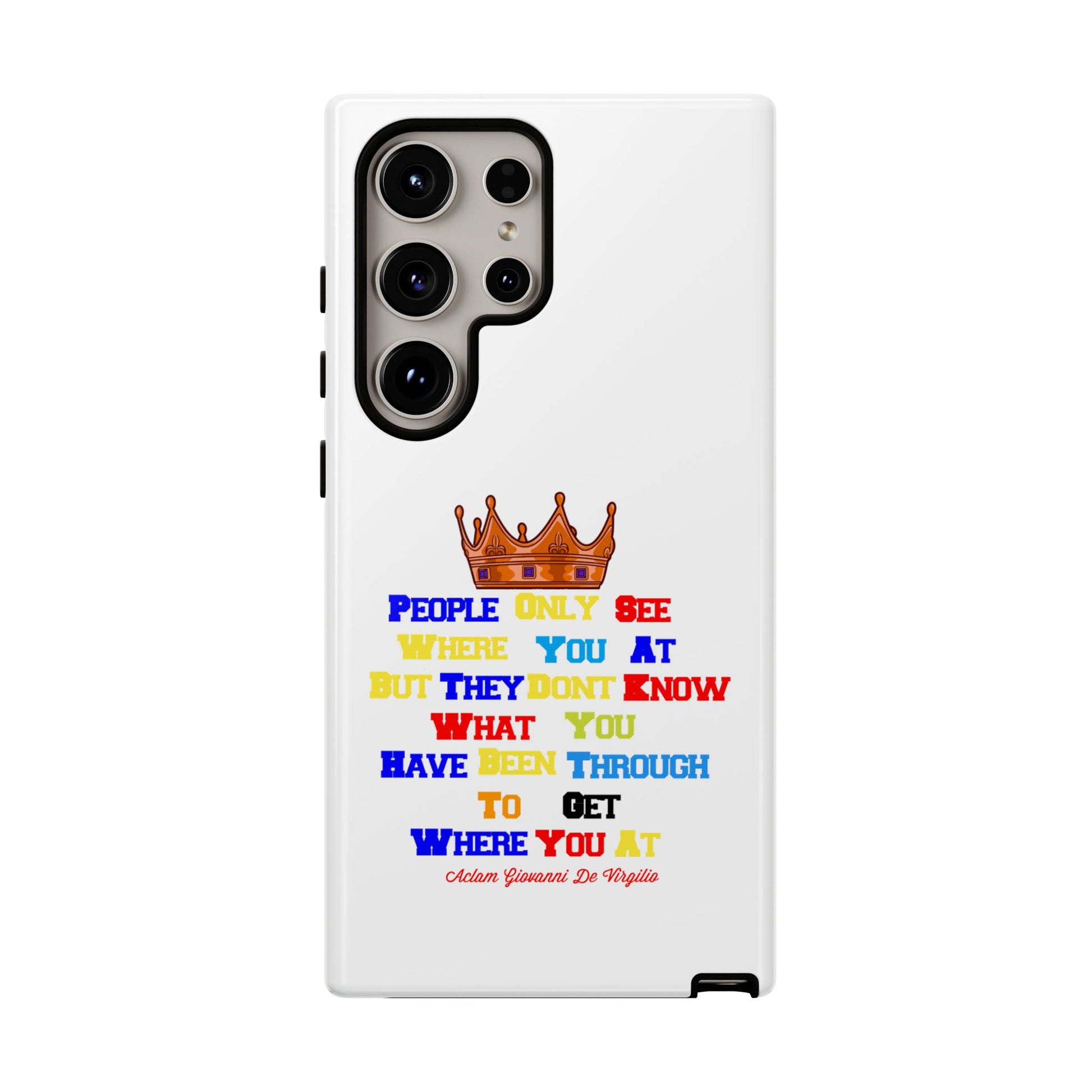 Durable white phone case featuring bold multicolor faith statements from The Original