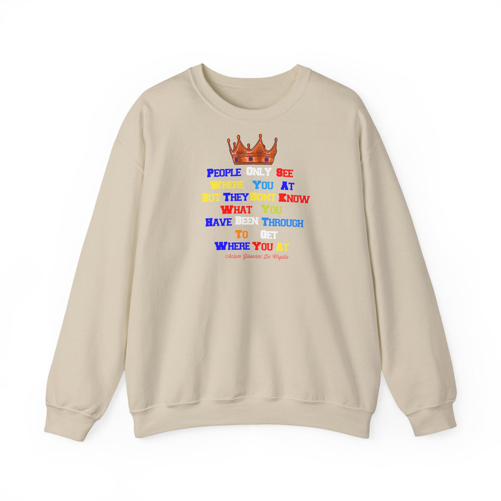 Christian unisex sweatshirt with multicolor inspirational text and crown design