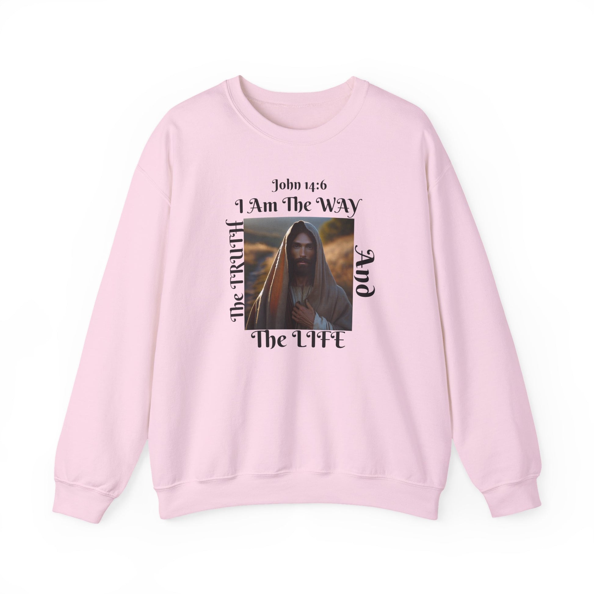 Flatlay of babypink faith-based sweatshirt with The Way print, from The Original