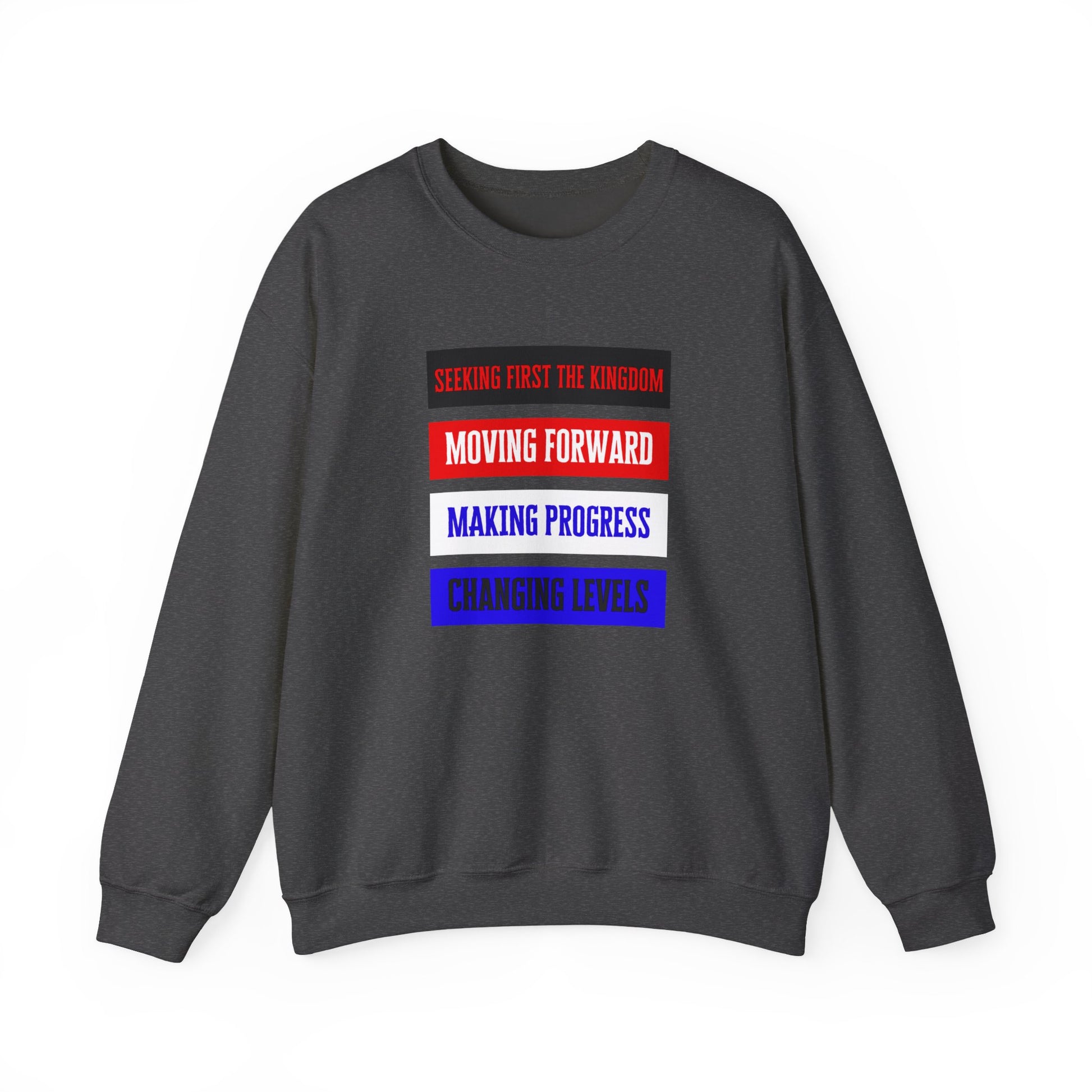 Grey Moving Forward Christian sweatshirt with bold text design – front view