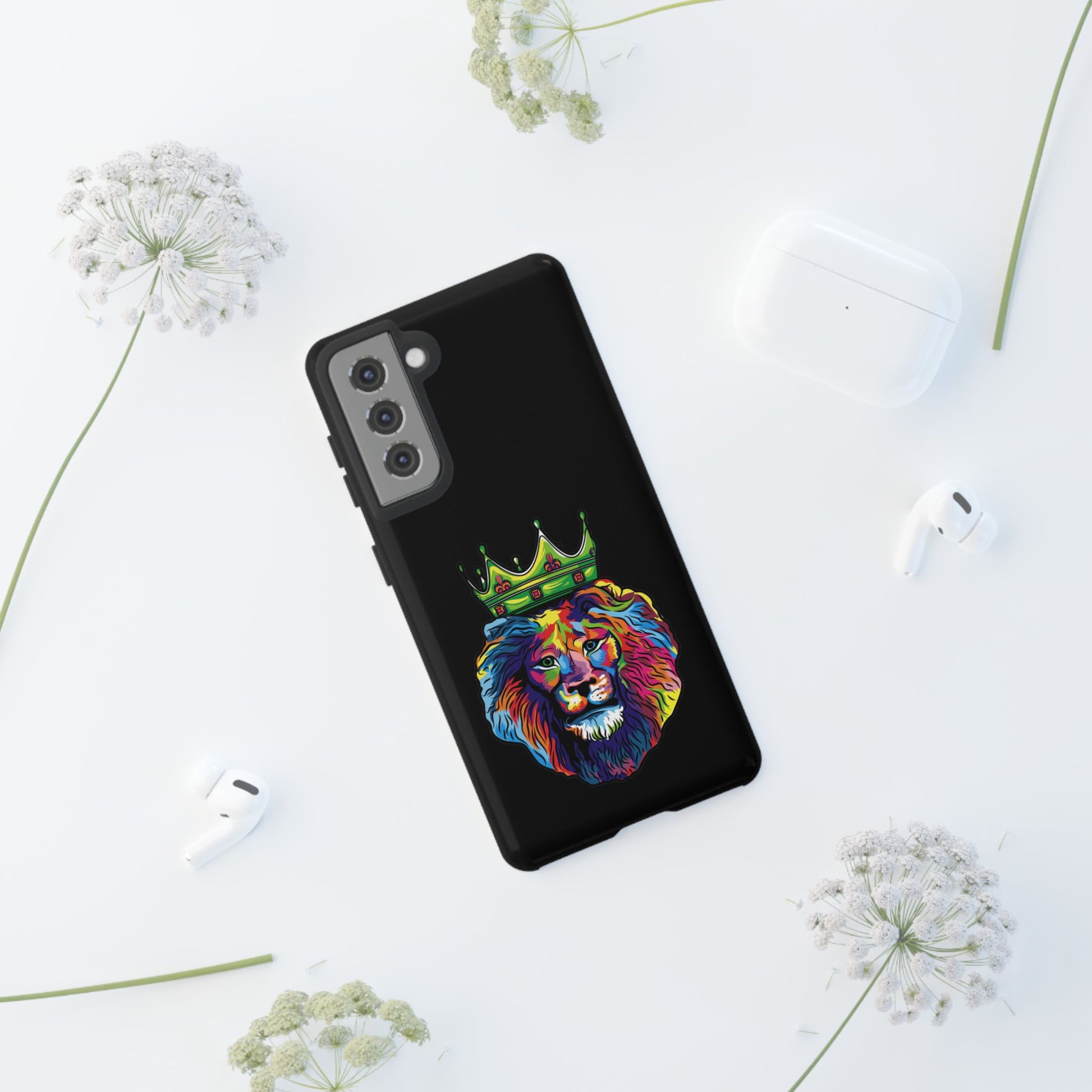Faithwear black phone cover with colorful lion – Christian streetwear design full of hope and strength