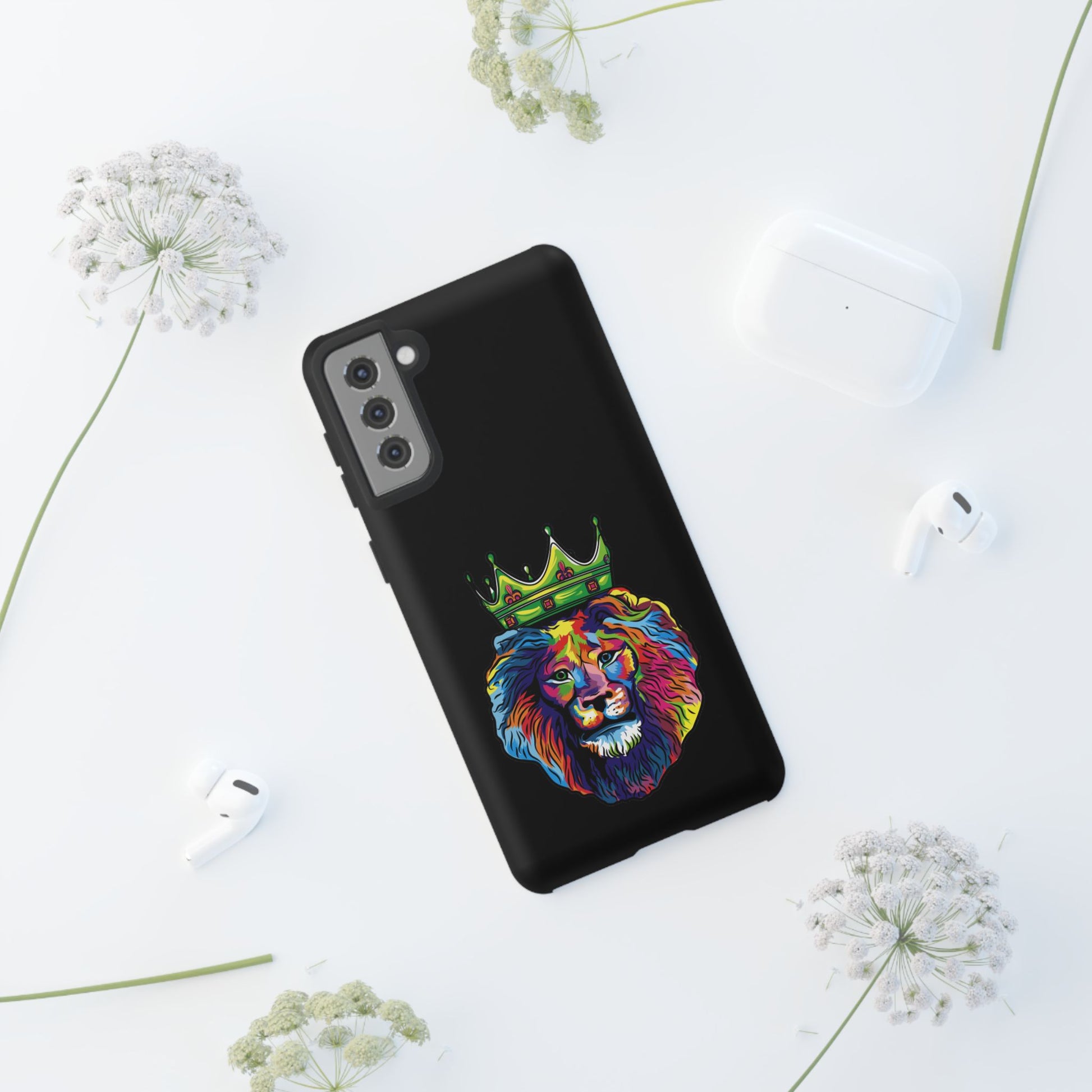 Faithwear black phone cover with colorful lion – Christian streetwear design full of hope and strength