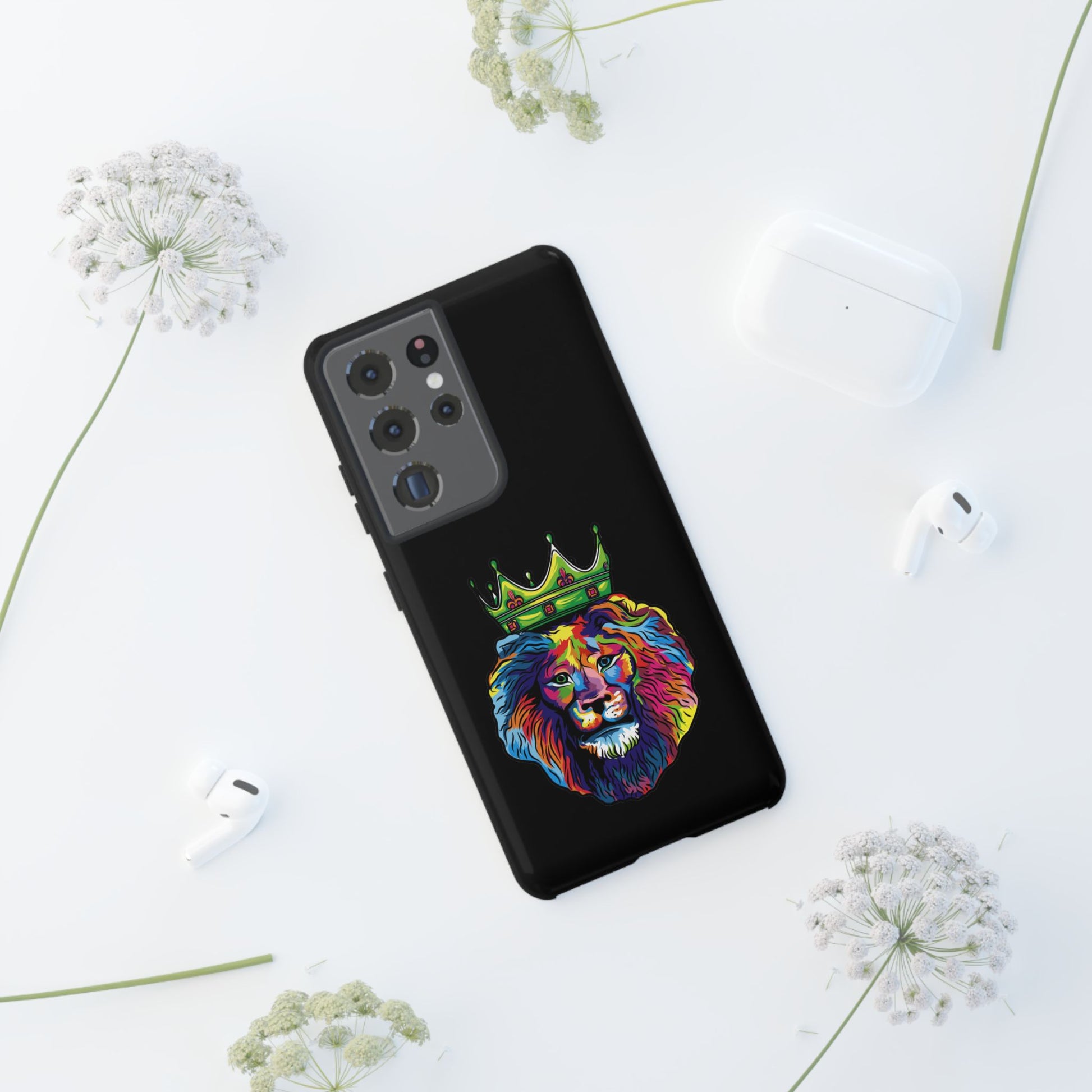 Faithwear black phone cover with colorful lion – Christian streetwear design full of hope and strength