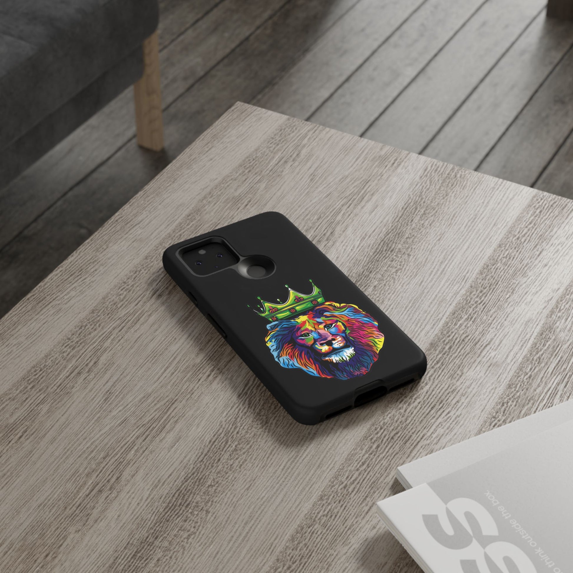Faithwear black phone cover with colorful lion – Christian streetwear design full of hope and strength