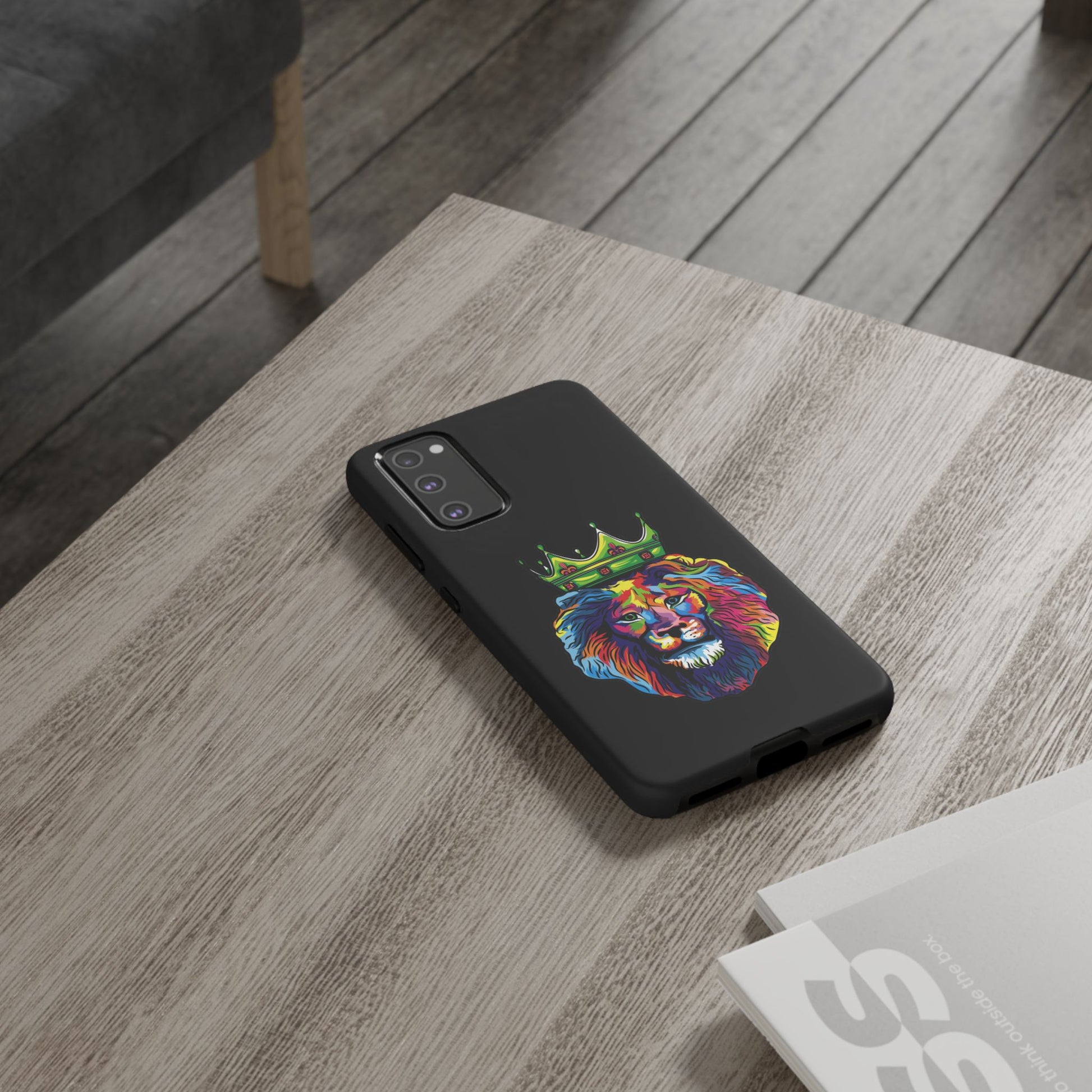 Faithwear black phone cover with colorful lion – Christian streetwear design full of hope and strength