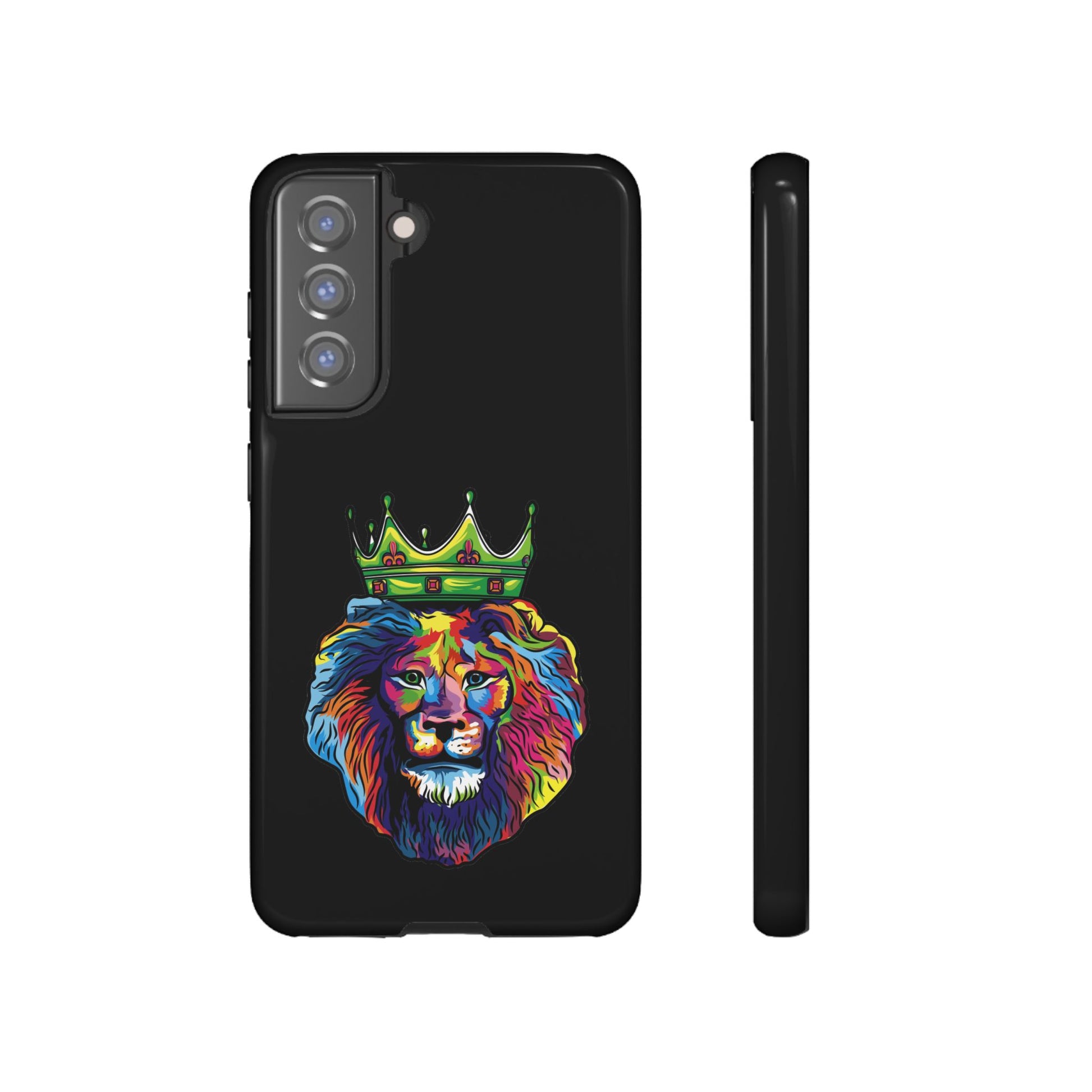 Faithwear black phone cover with colorful lion – Christian streetwear design full of hope and strength