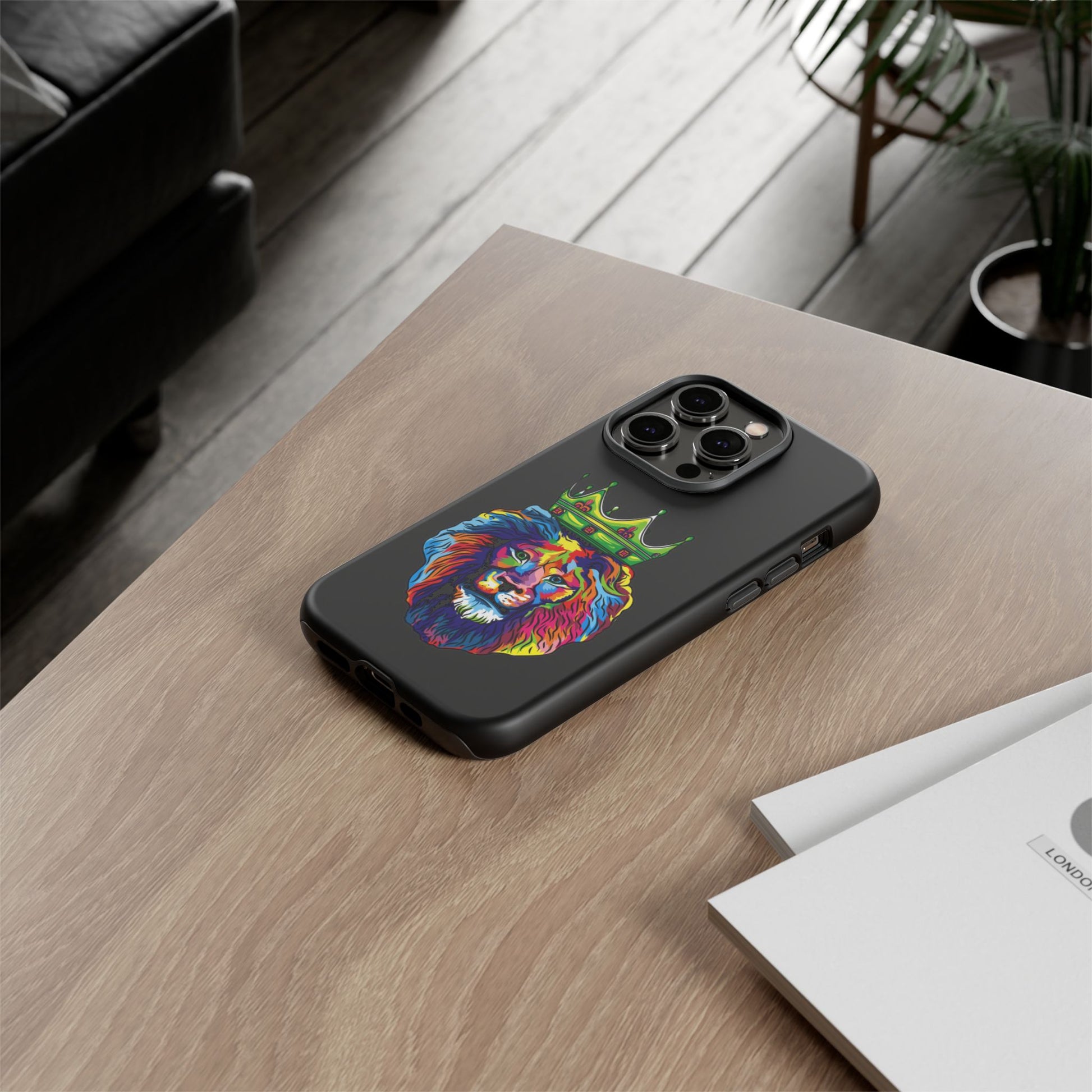 Protective black case with COLOR LION print – inspired by Christian identity and joyful strength