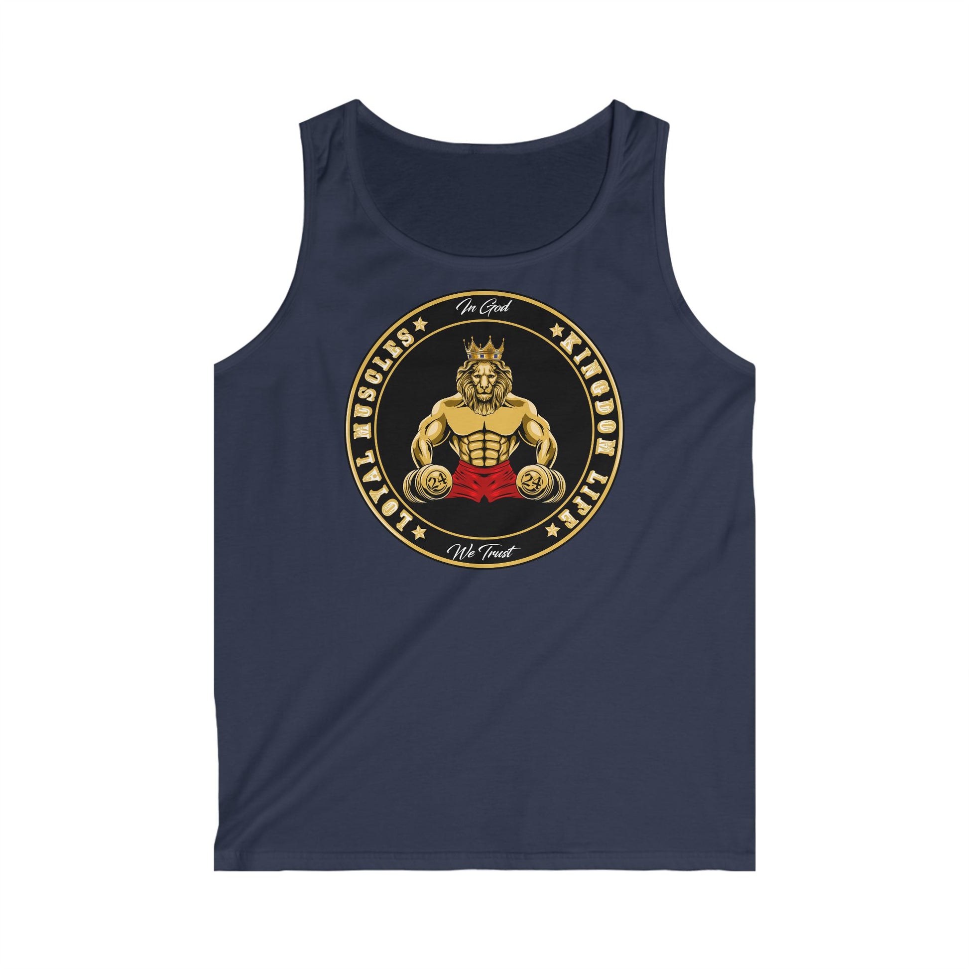 Close-up of LOYAL MUSCLE print on Christian men’s tank top – The Original streetwear