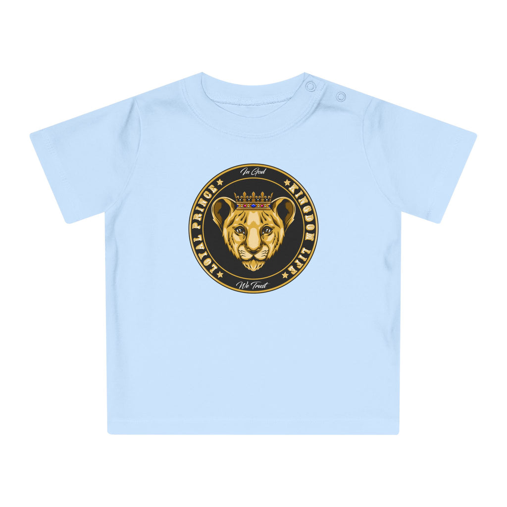 Flat lay LOYAL PRINCE organic cotton baby t-shirt in dusty blue – Christian faithwear
