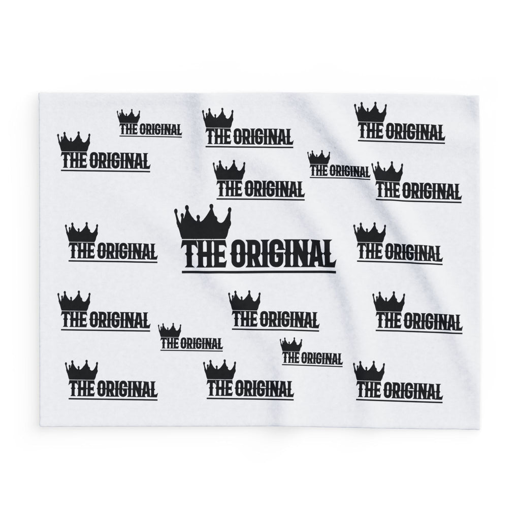 Soft white polyester fleece blanket featuring black THE ORIGINAL branding