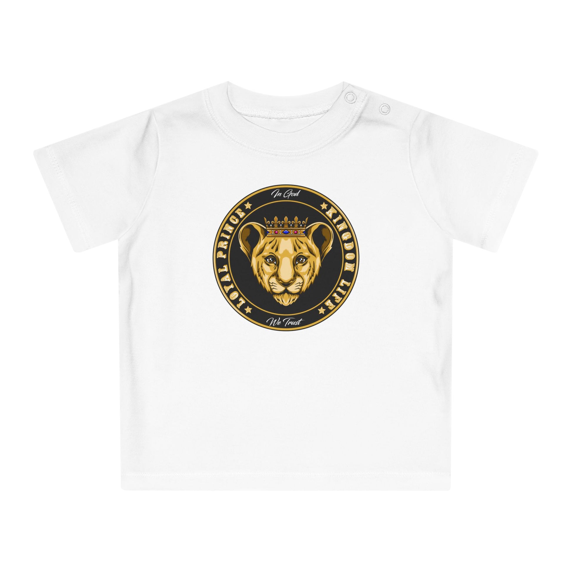flat lay LOYAL PRINCE organic cotton baby t-shirt in white – Christian faithwear