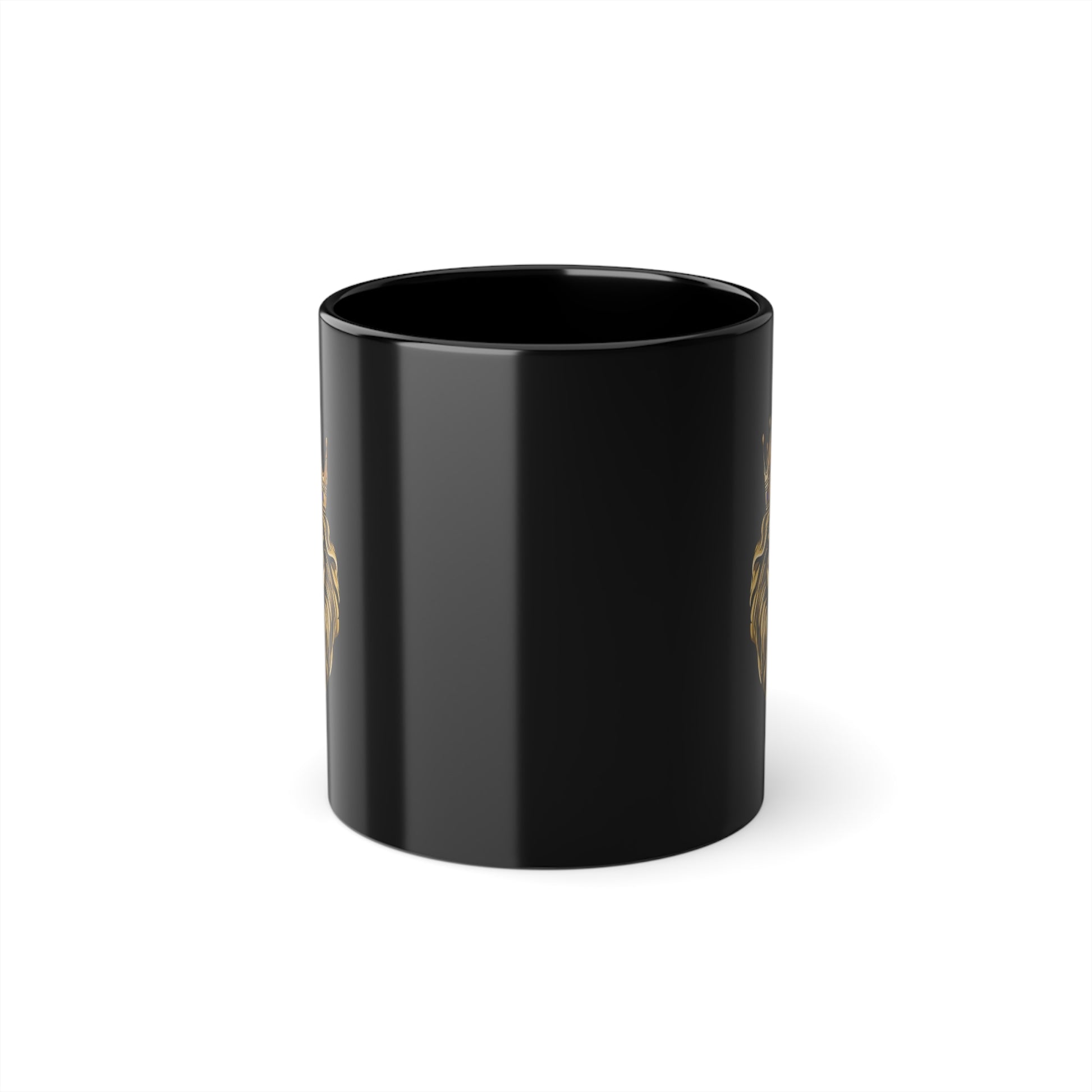 Masculine faith-based black coffee cup with golden lion print
