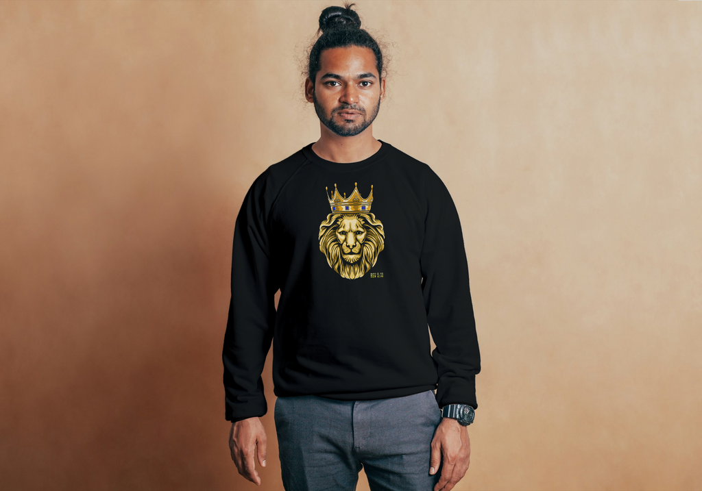 model wearing black sweatshirt with GOLD LION from The riginal