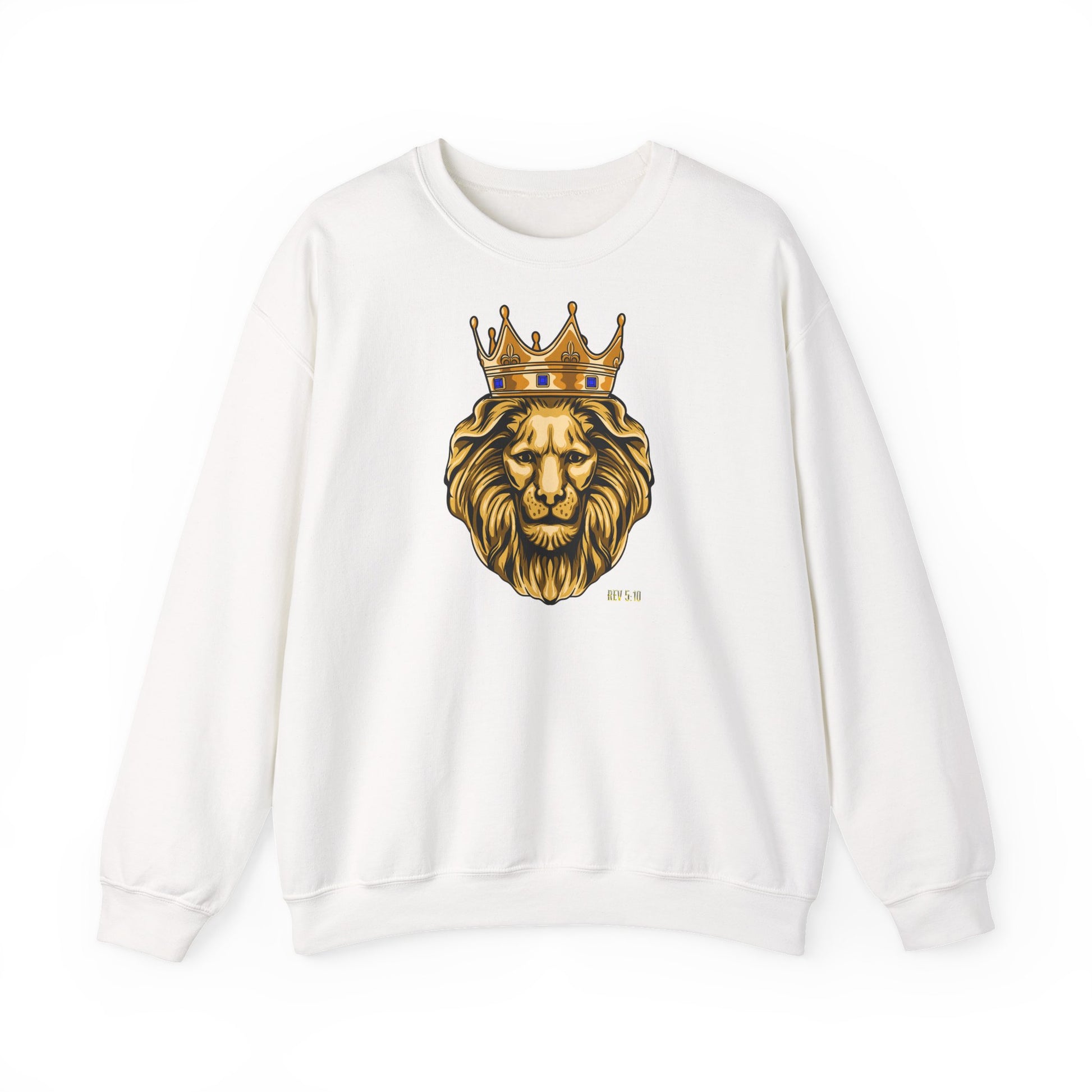 Flatlay of Cozy crewneck sweatshirt with powerful Gold Lion 