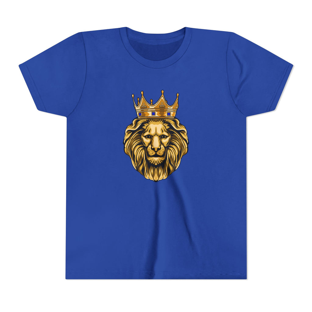 Flatlay of royal blue Kids Christian t-shirt with Gold Lion design from The Original