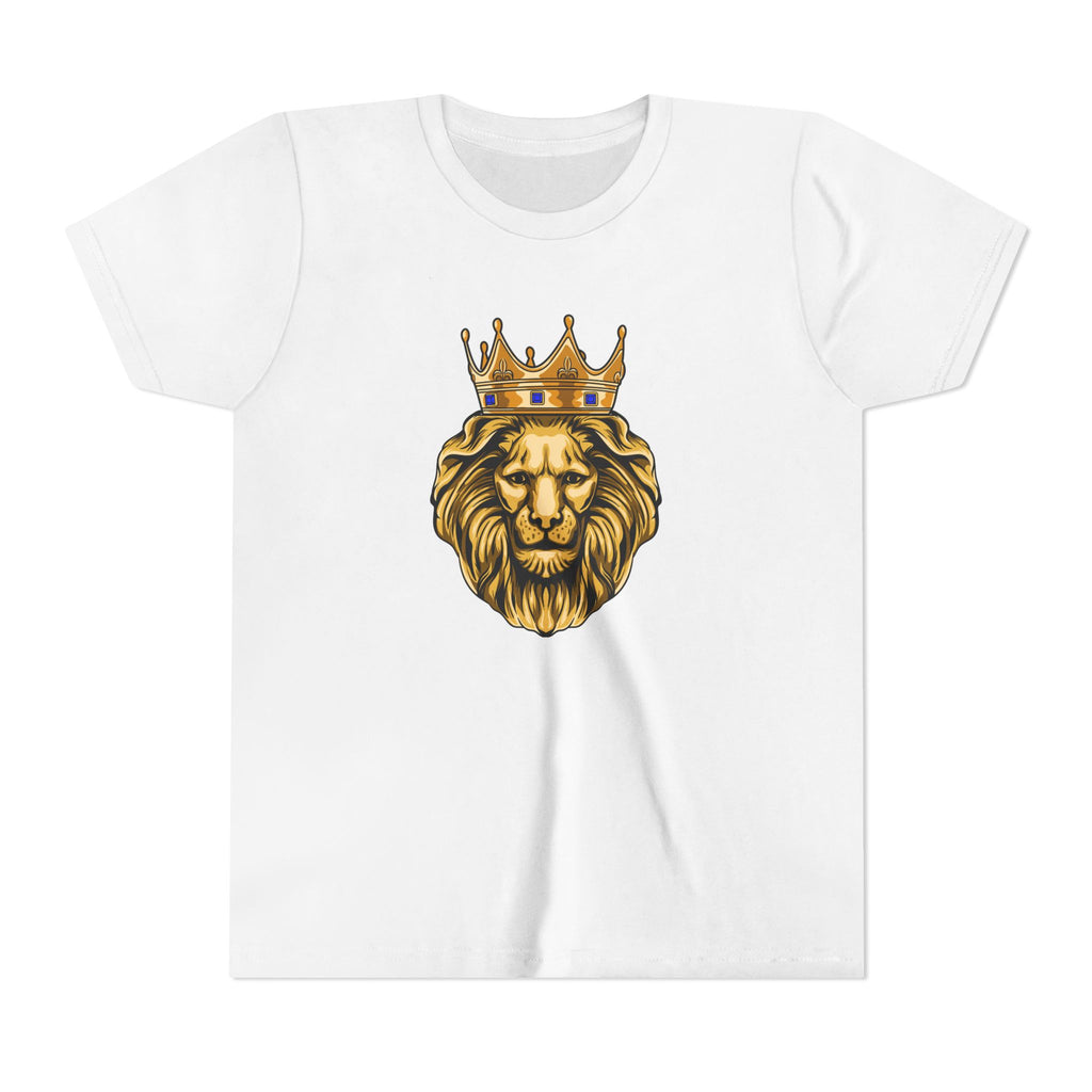 Flatlay of GOLD LION  on white youth Christian t-shirt – The Original Faithwear