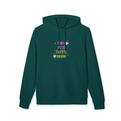 Close-up of “MOM” design on cozy faith-based green hoodie