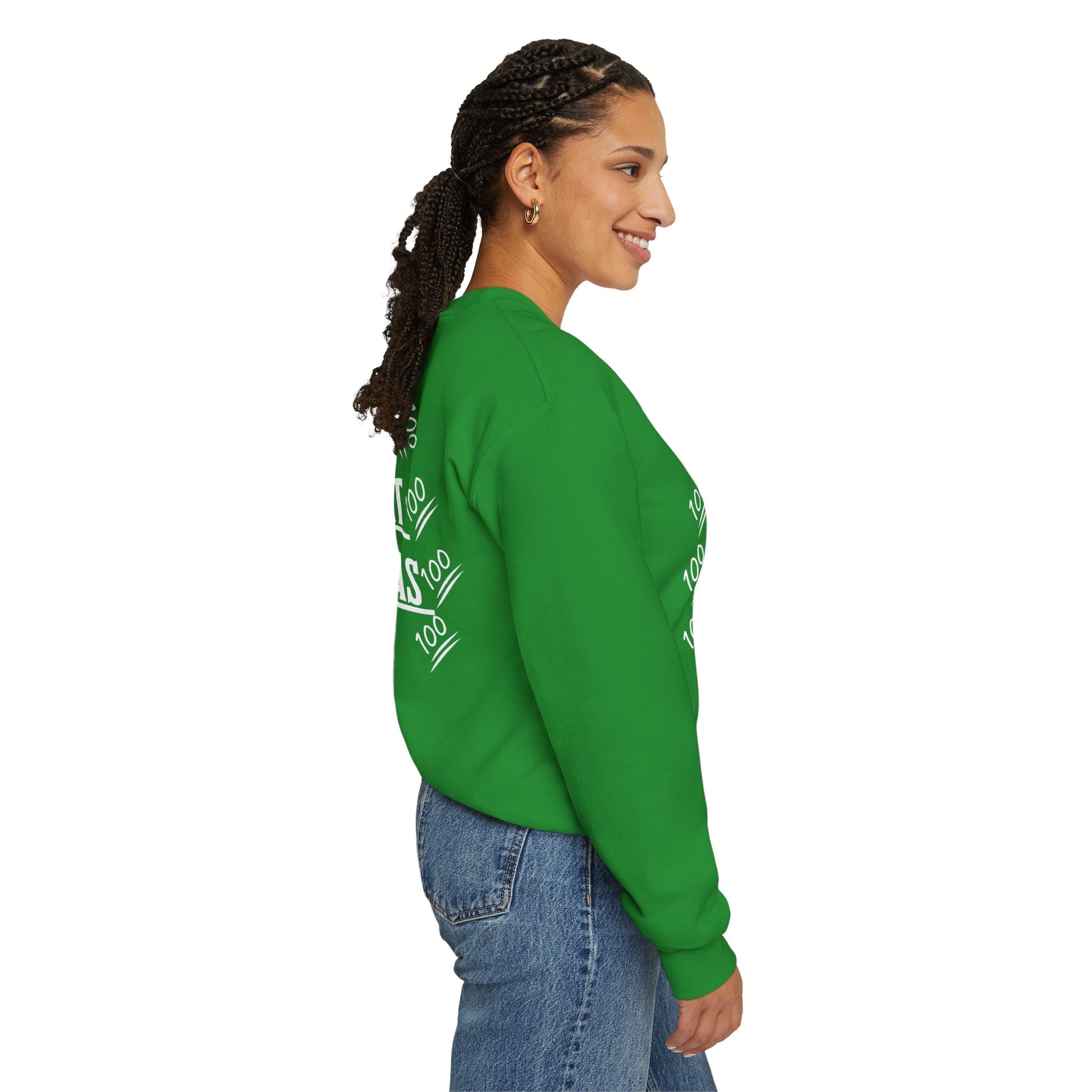 Side view of unisex sweatshirt worn casually, showing sleeve and fit