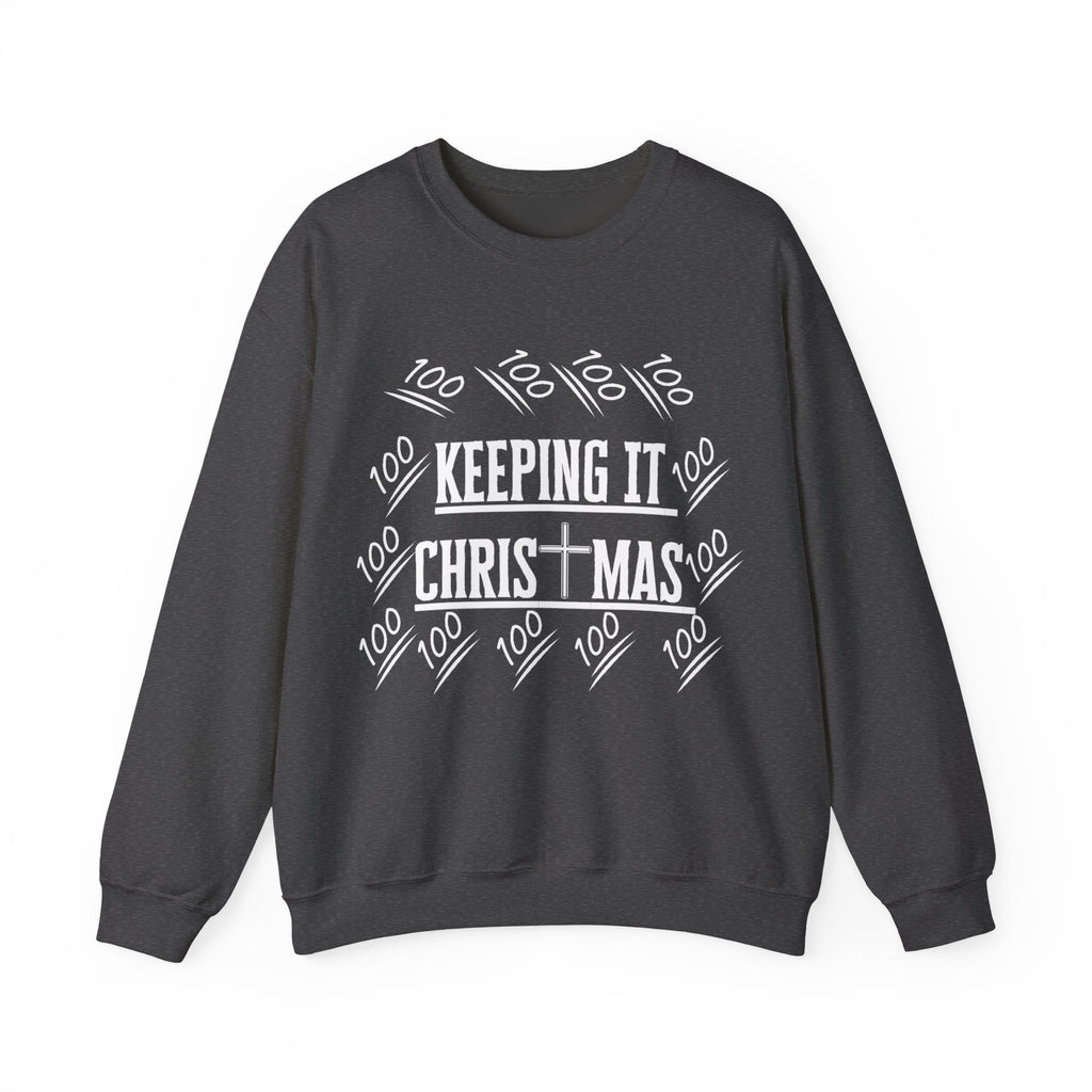 Close-up of Keep Christ in Christmas print on chest of cotton-polyester sweatshirt