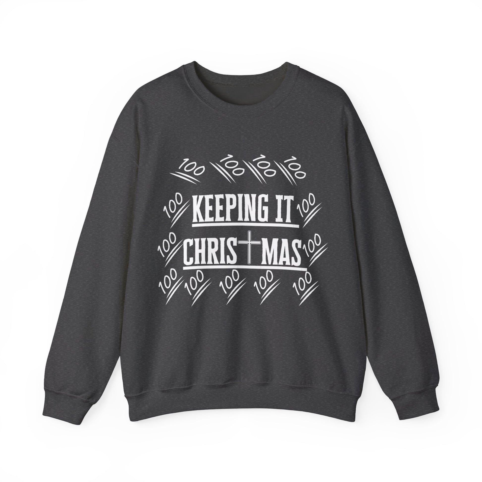 Close-up of Keep Christ in Christmas print on chest of cotton-polyester sweatshirt