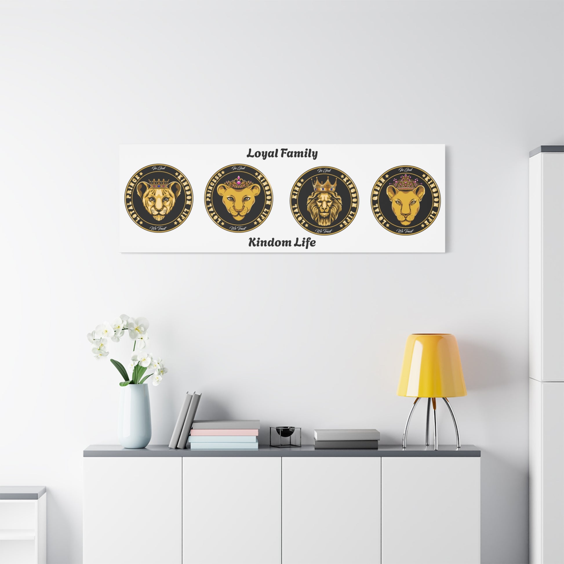 Large horizontal canvas with four crowned lions symbolizing unity and strength