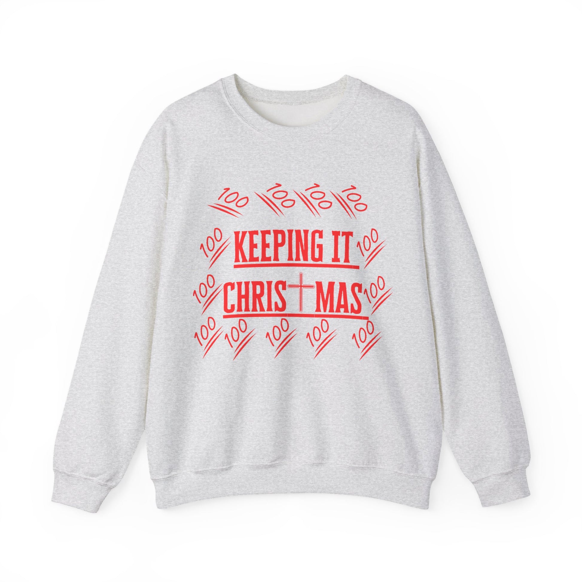 Close-up of bold red text on chest of holiday faithwear sweatshirt from The Original