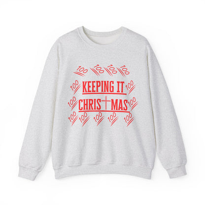 Close-up of bold red text on chest of holiday faithwear sweatshirt from The Original