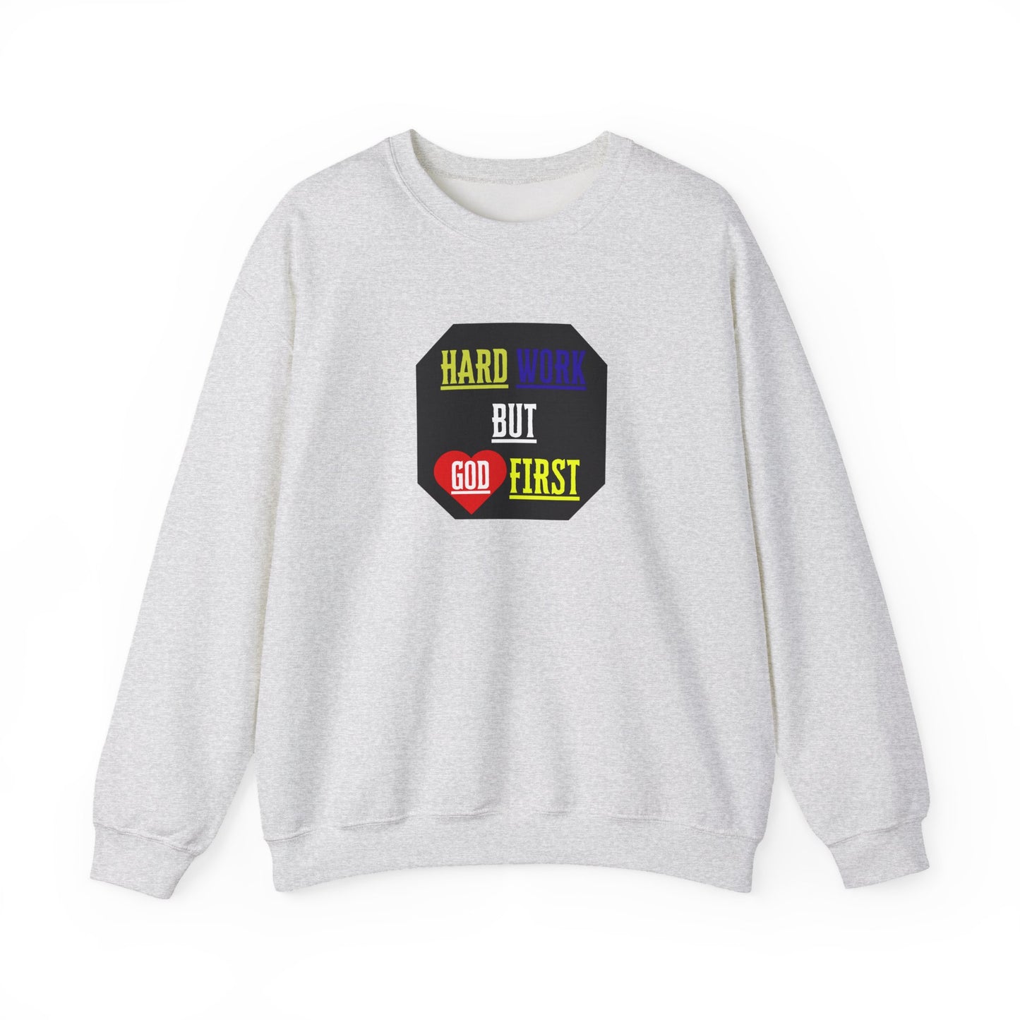 Flat lay of sweatshirt with faith based imprint