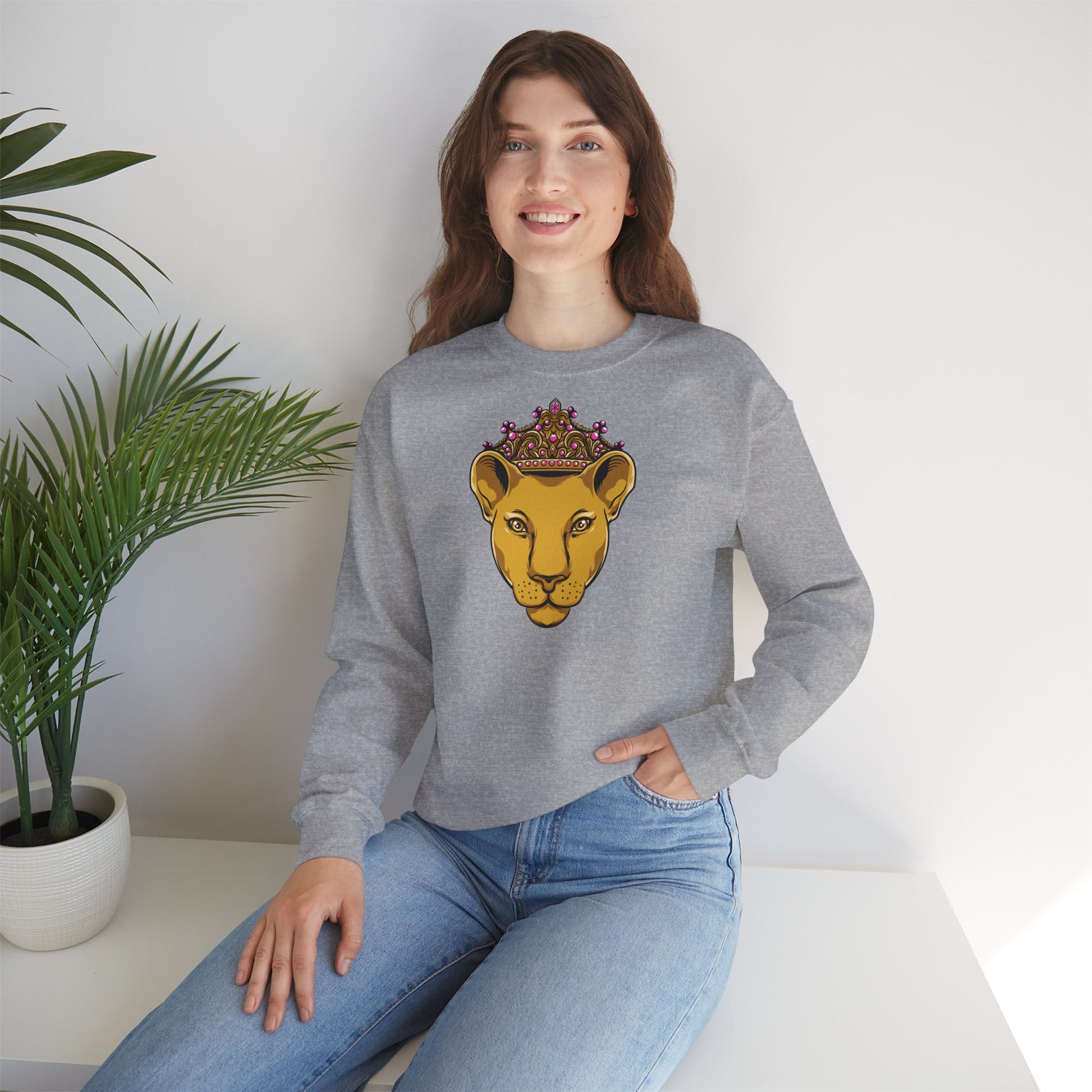 The Original faithwear LIONESS grey sweatshirt on female model lifestyle image
