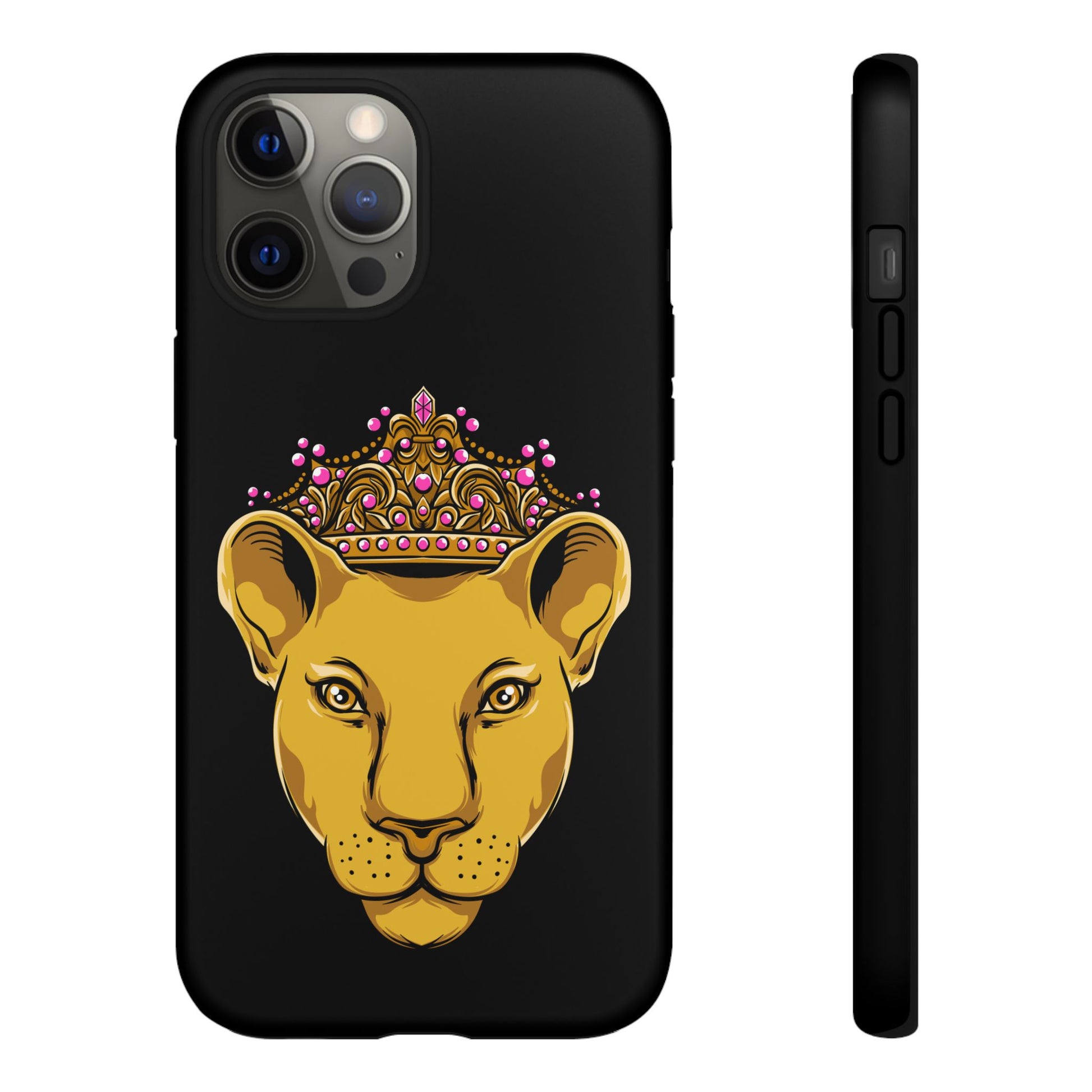 Protective black LIONESS smartphone cover with crown-inspired print