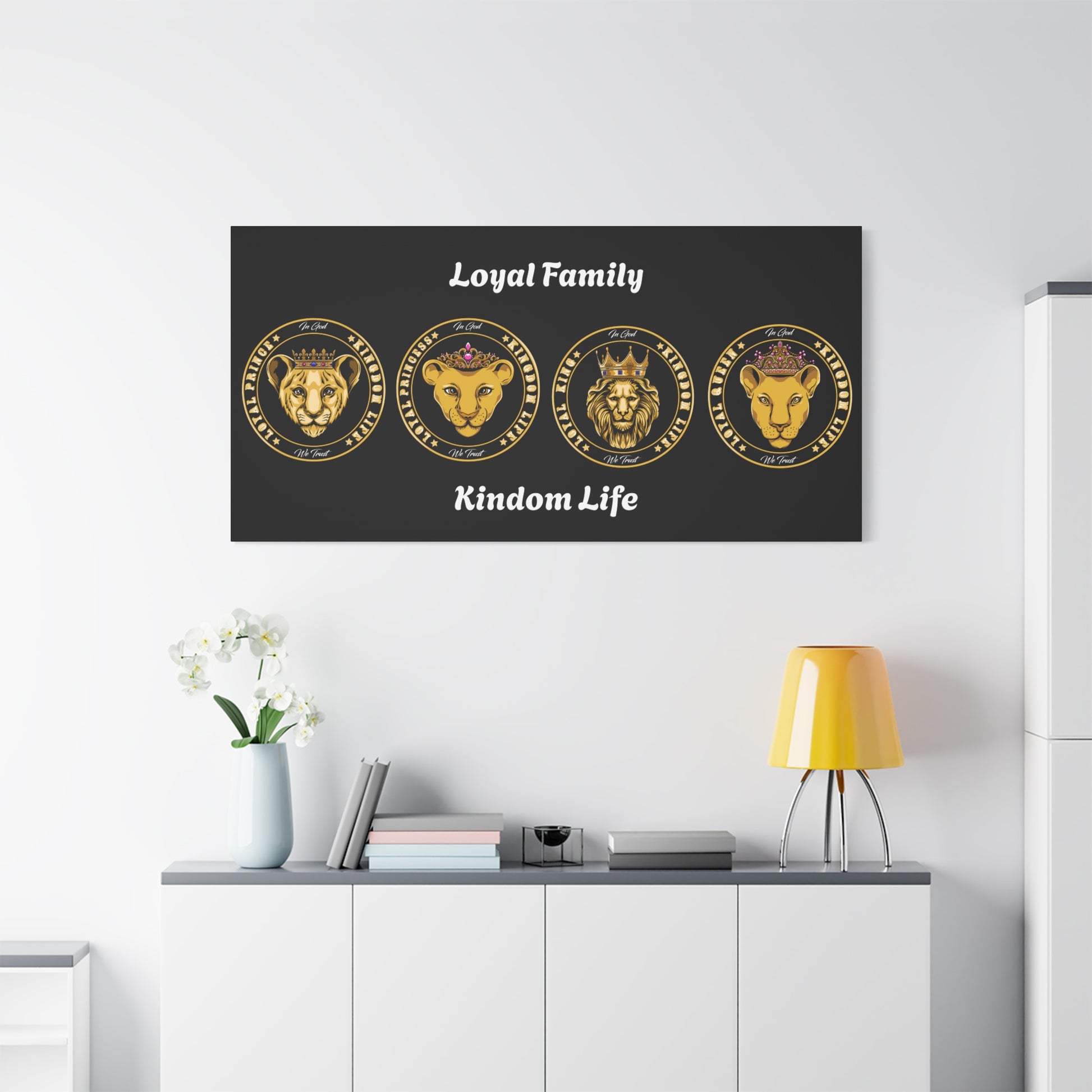 Faith-inspired lion family canvas – unity and strength on black backdrop