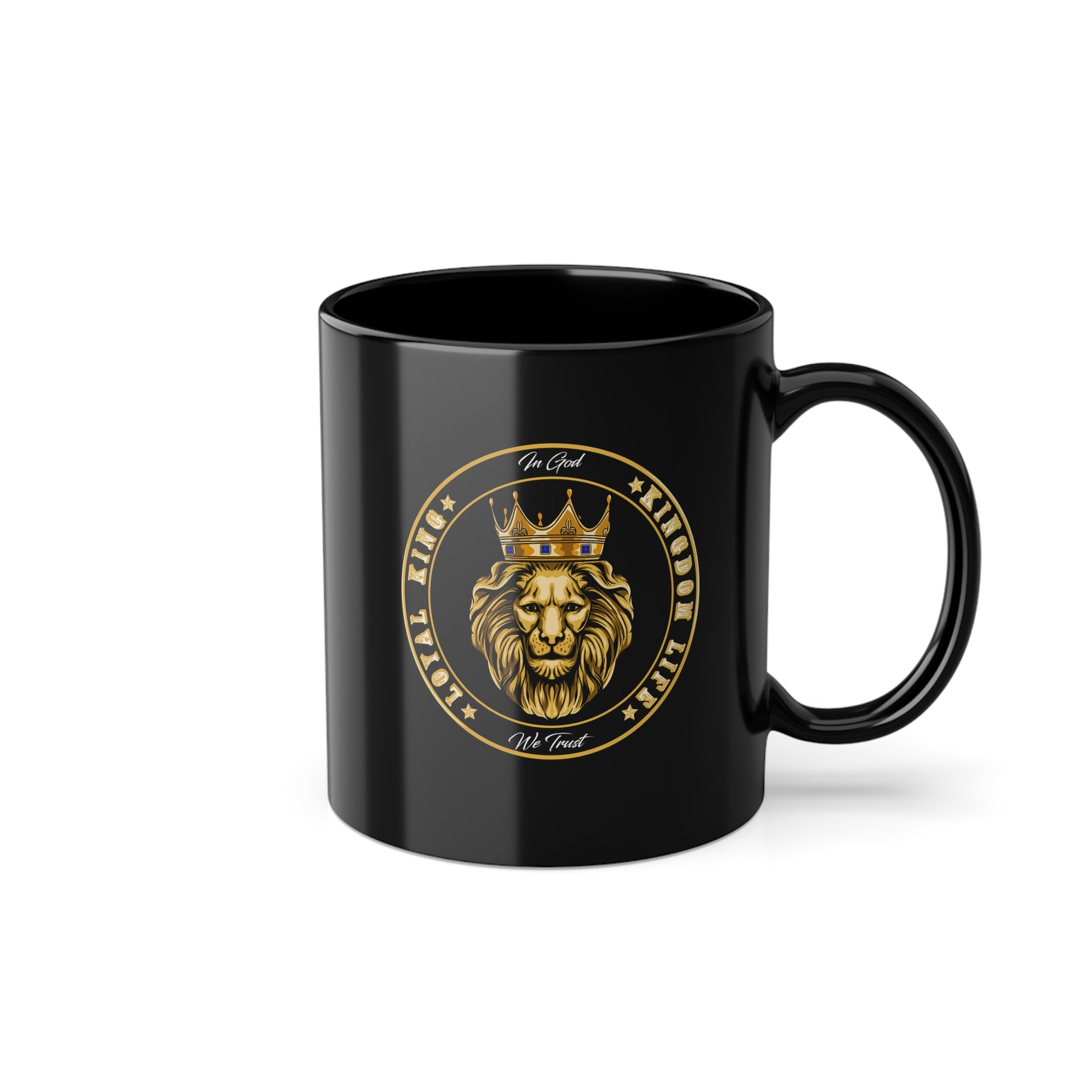 LOYAL GOLD LION black ceramic mug with Christian design – The Original