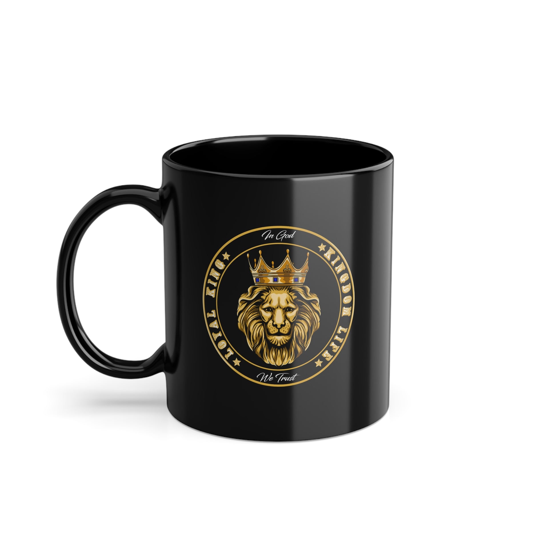 LOYAL GOLD LION black ceramic mug with Christian design – The Original