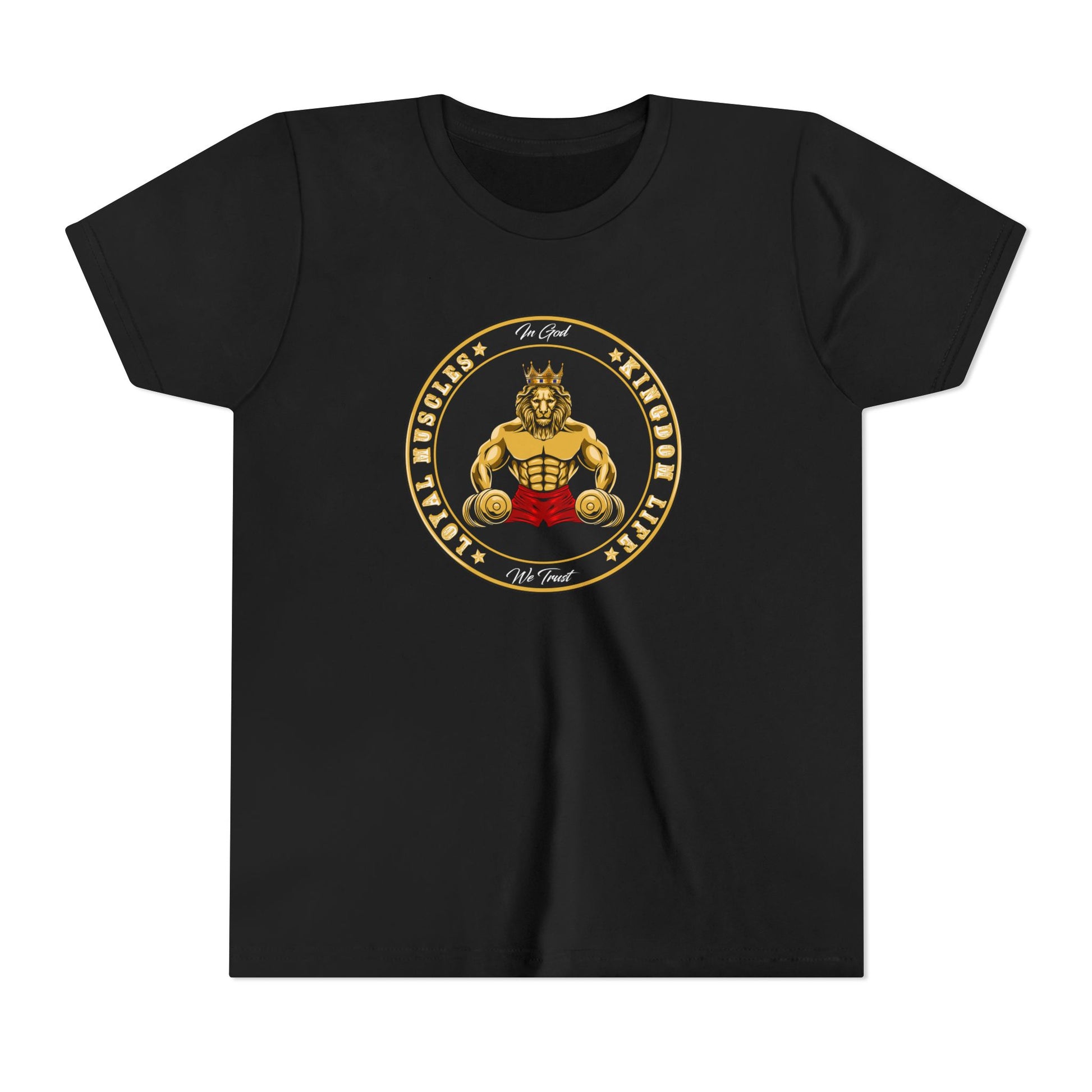 Flatlay Christian streetwear youth tee with Loyal Muscle Lion design