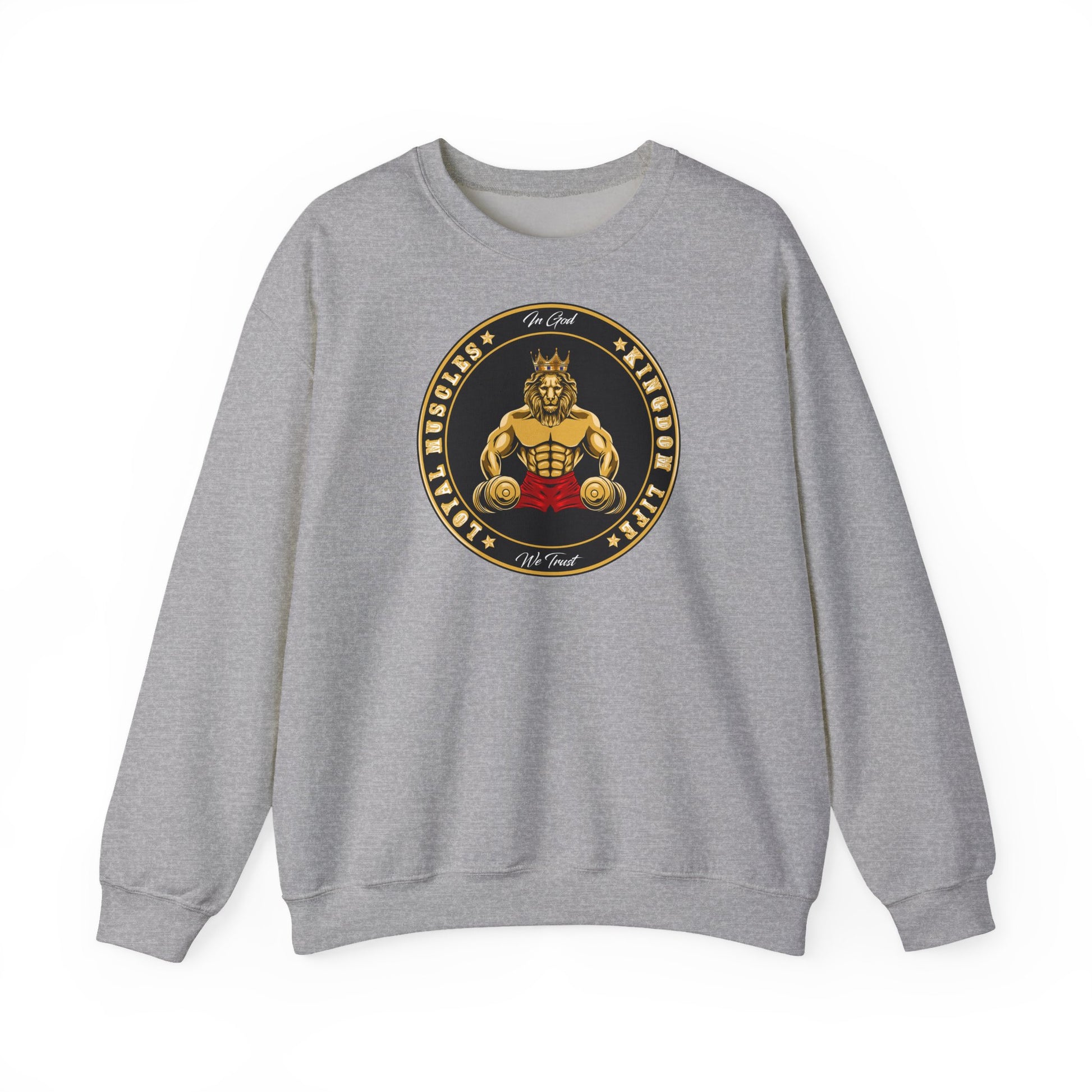 The Original LOYAL MUSCLE LION flatlay grey sweatshirt for bold believers