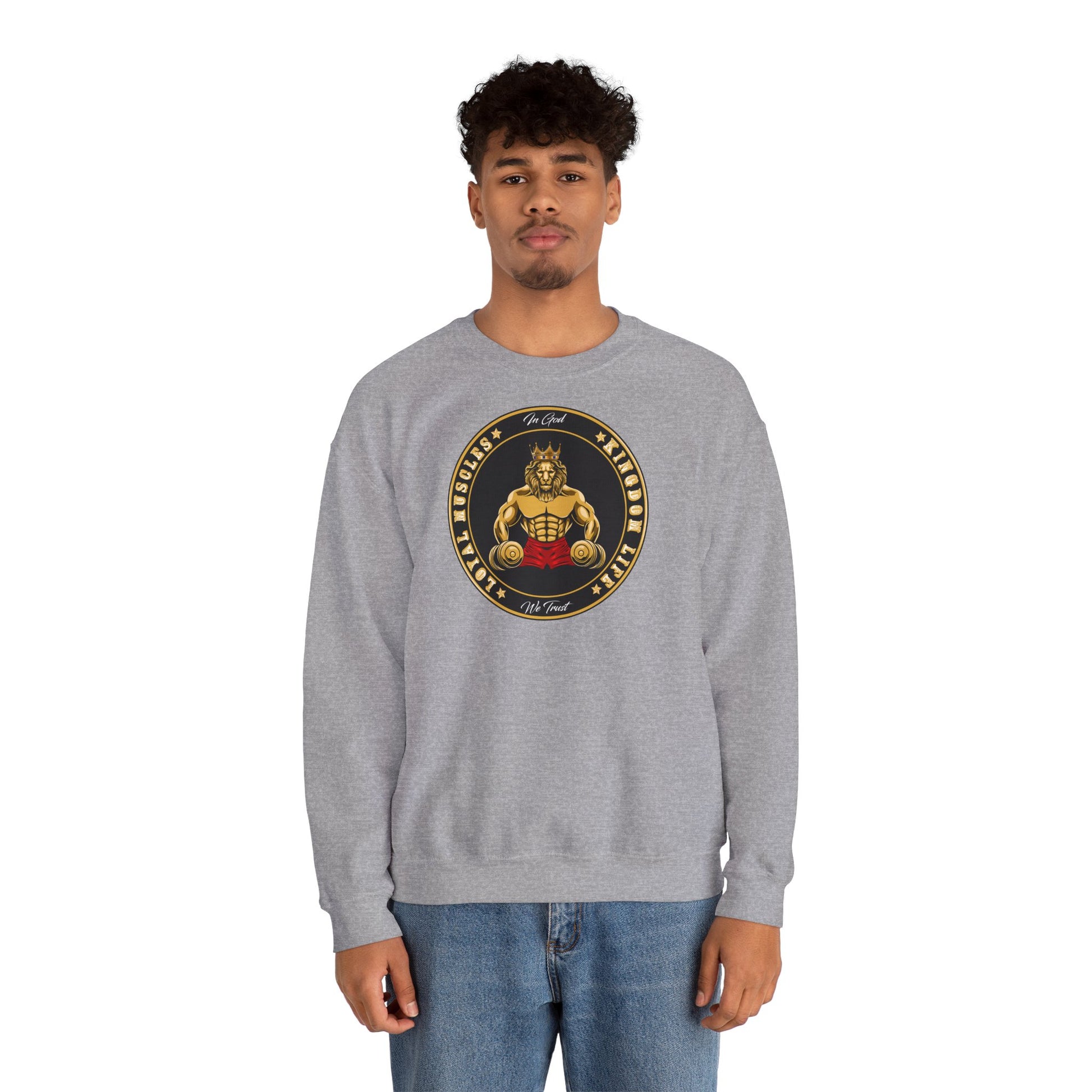 The Original LOYAL MUSCLE LION grey sweatshirt on model for bold believers