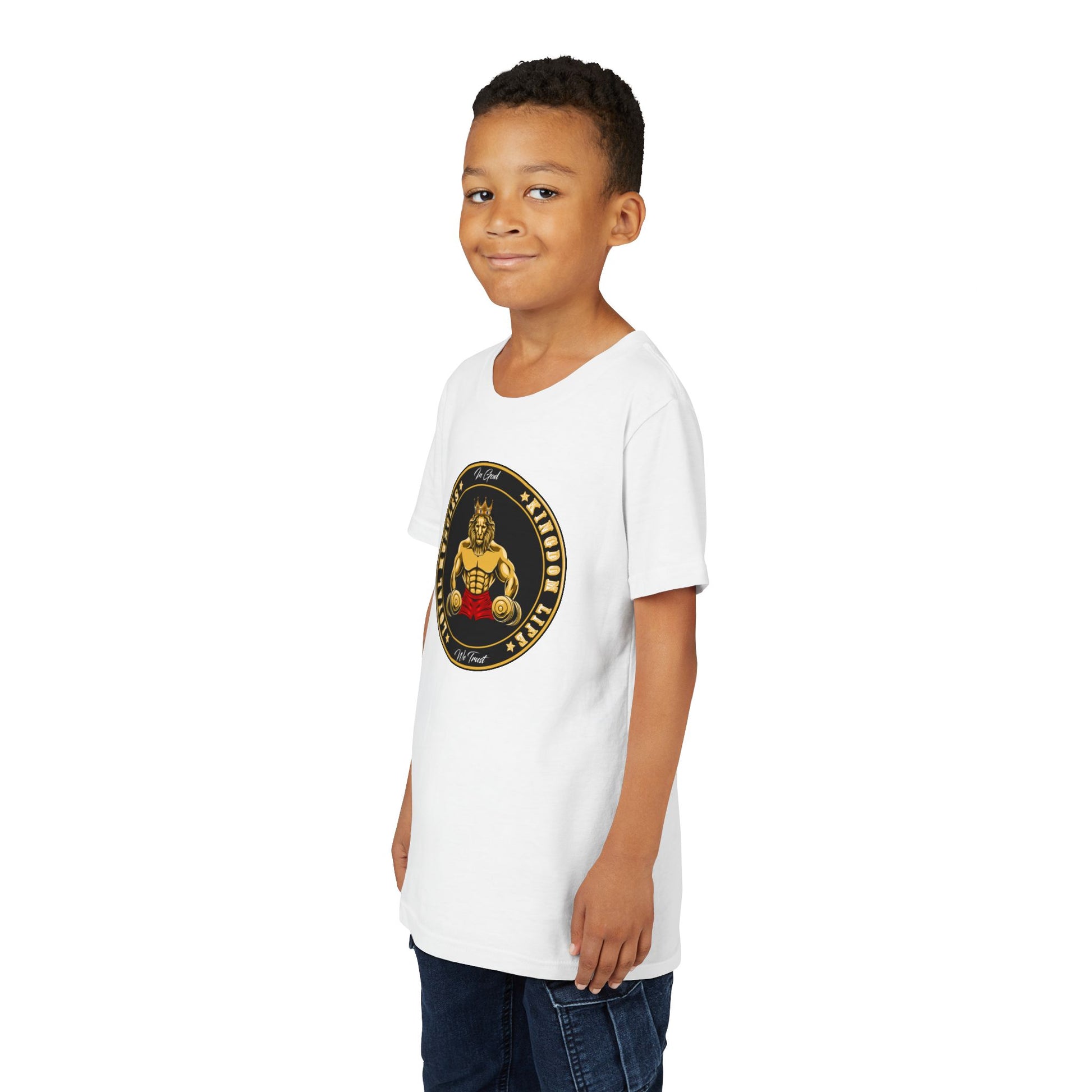 On model Christian streetwear youth tee with Muscle Lion design - The Original