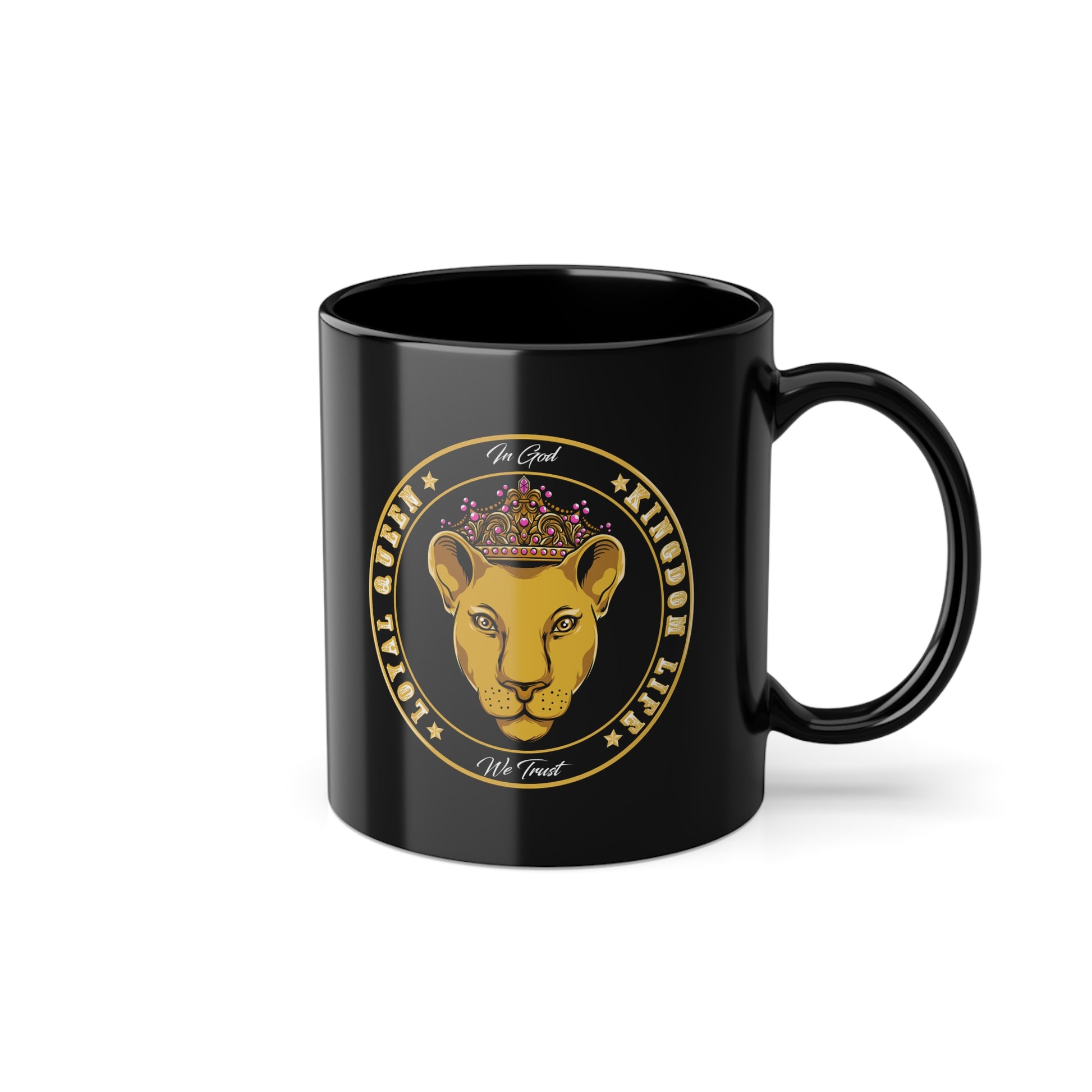 Black ceramic mug with LOYAL QUEEN design – Christian women’s faith mug