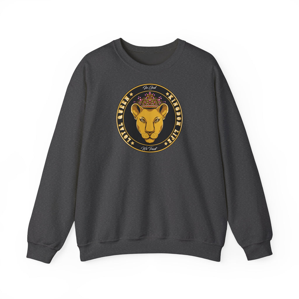 Bold Lines LOYAL QUEEN sweatshirt with royal Christian design - Flatlay dark heather