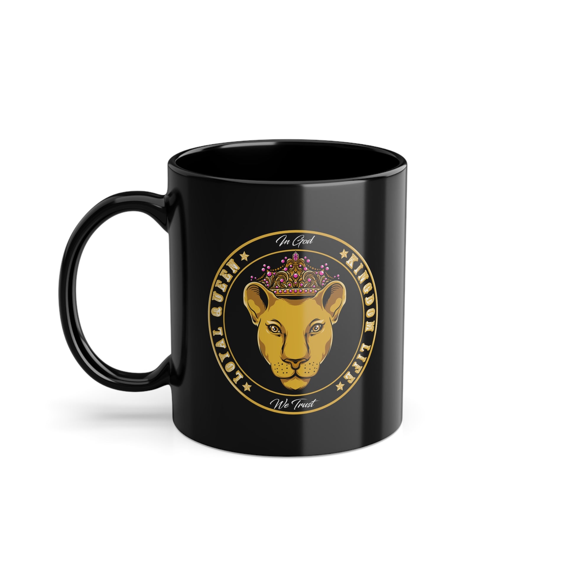Glossy black LOYAL QUEEN mug – Christian identity and purpose