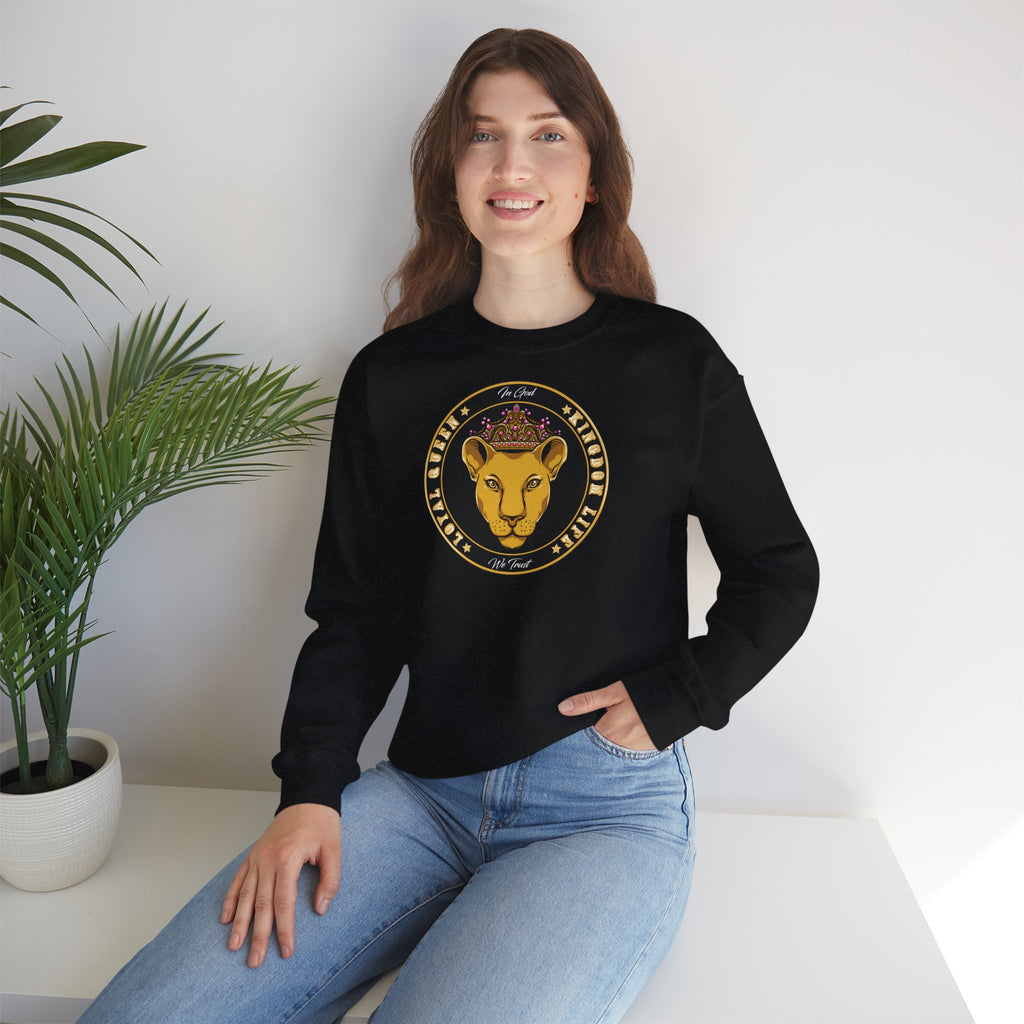 Model wearing Ethically made LOYAL QUEEN sweatshirt – perfect Christian gift