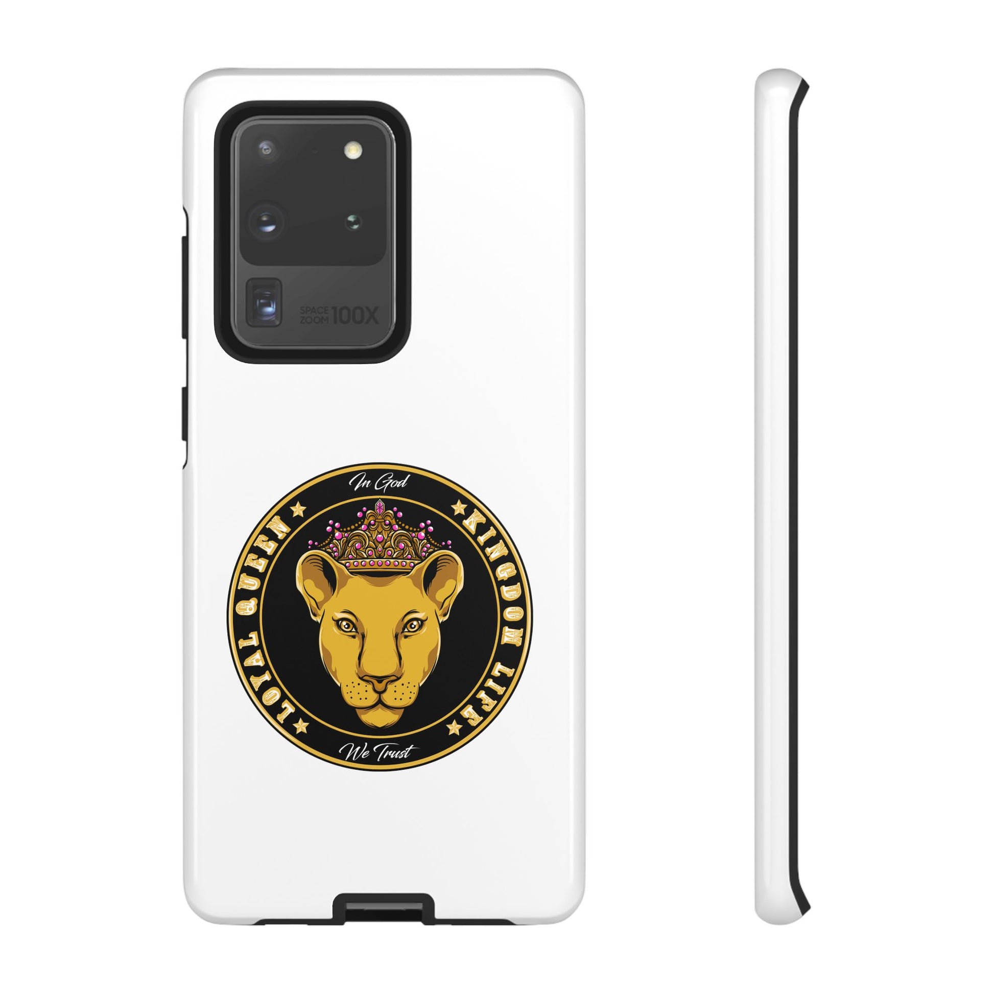 Elegant LOYAL QUEEN faith phone cover in white – Christian streetwear accessory